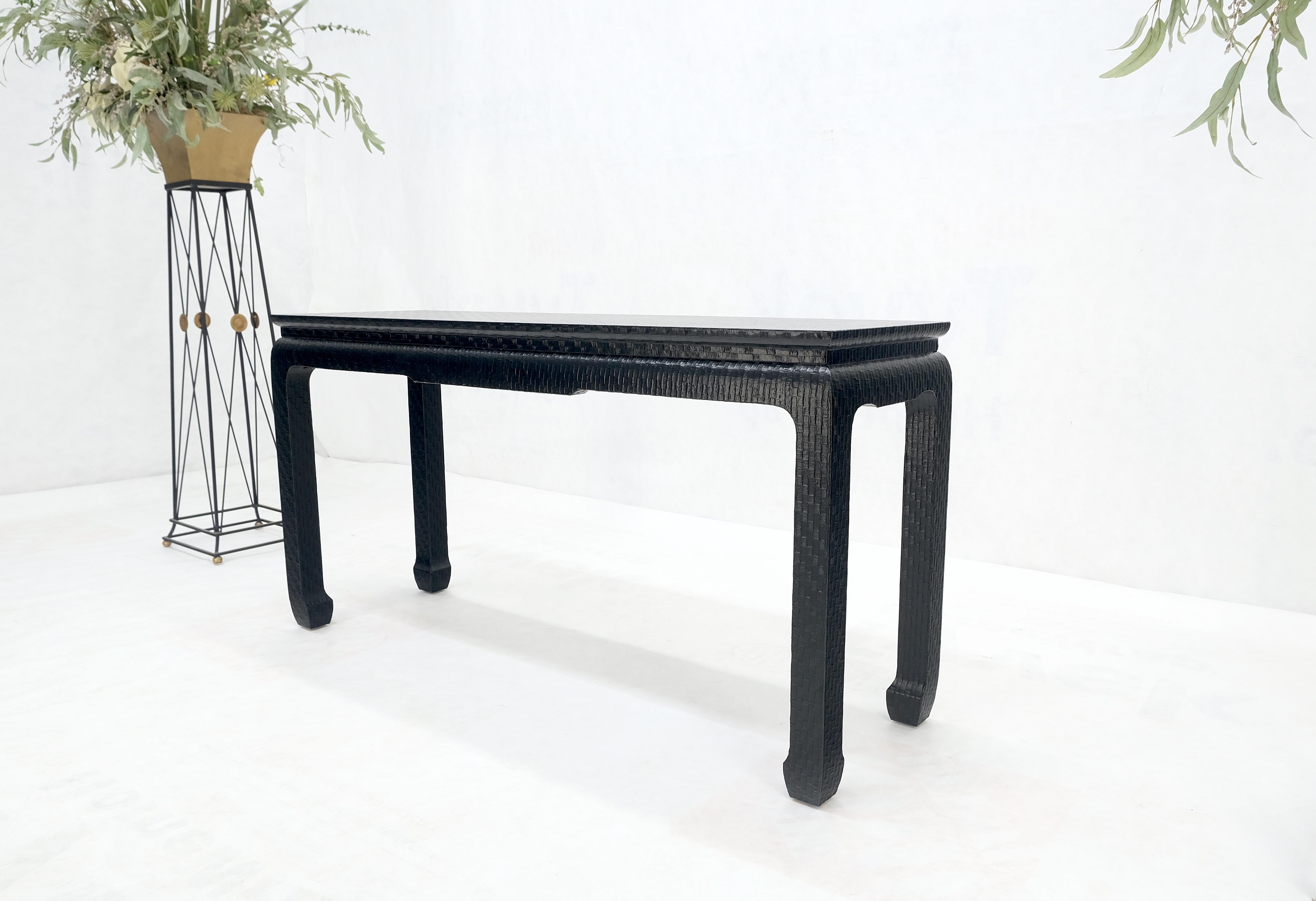 20th Century Baker Mid Century Oriental Asian Black Lacquer Cloth Wrapped Console Table MINT! For Sale