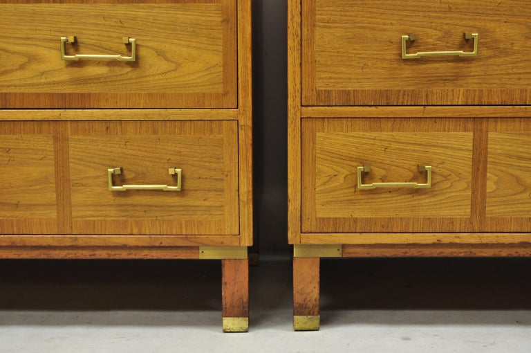 Baker Milling Road Banded Walnut Brass Campaign Bachelor Chest Dresser, a Pair In Good Condition In Philadelphia, PA