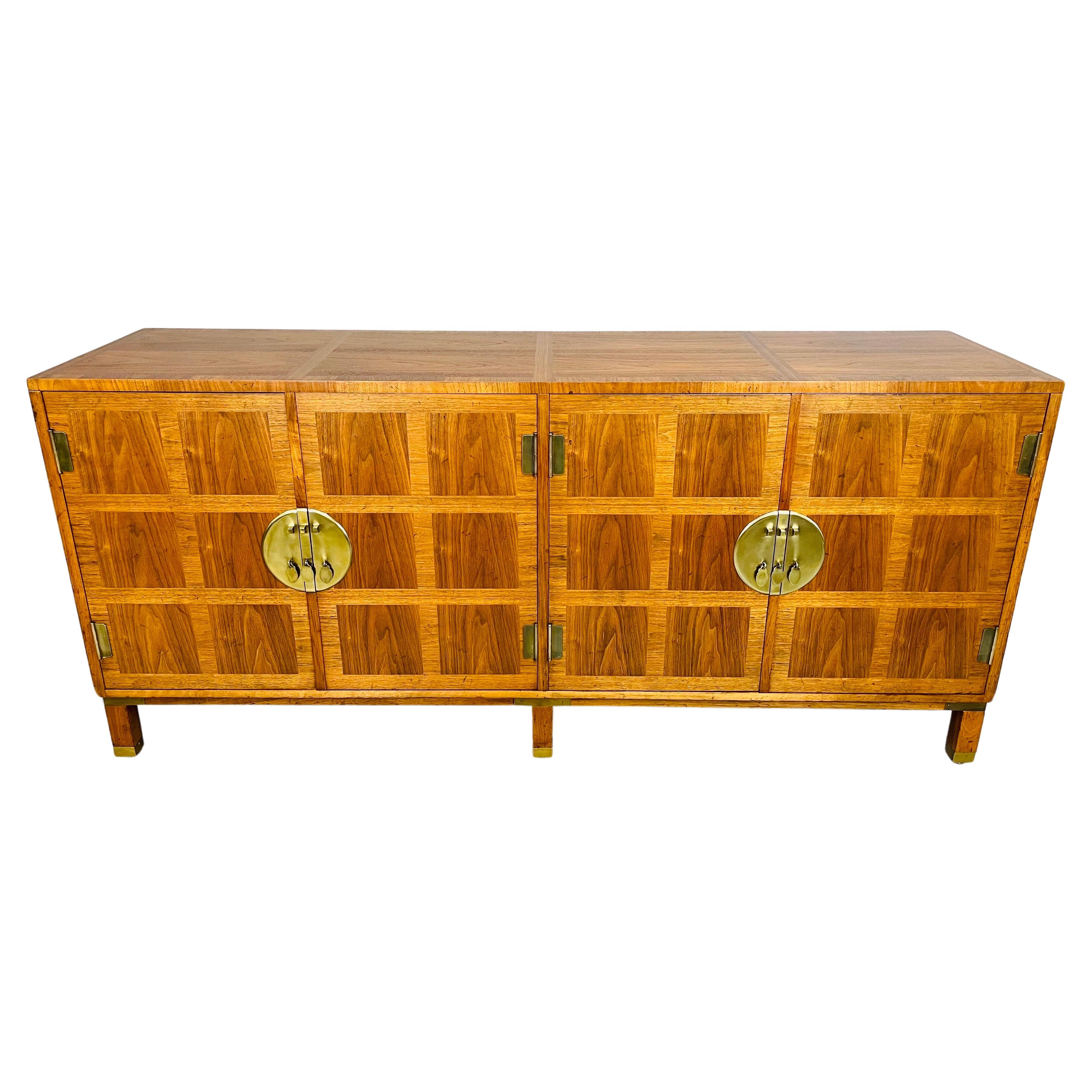 Baker Banded Walnut Chinese Chippendale Dining Server Credenza  For Sale