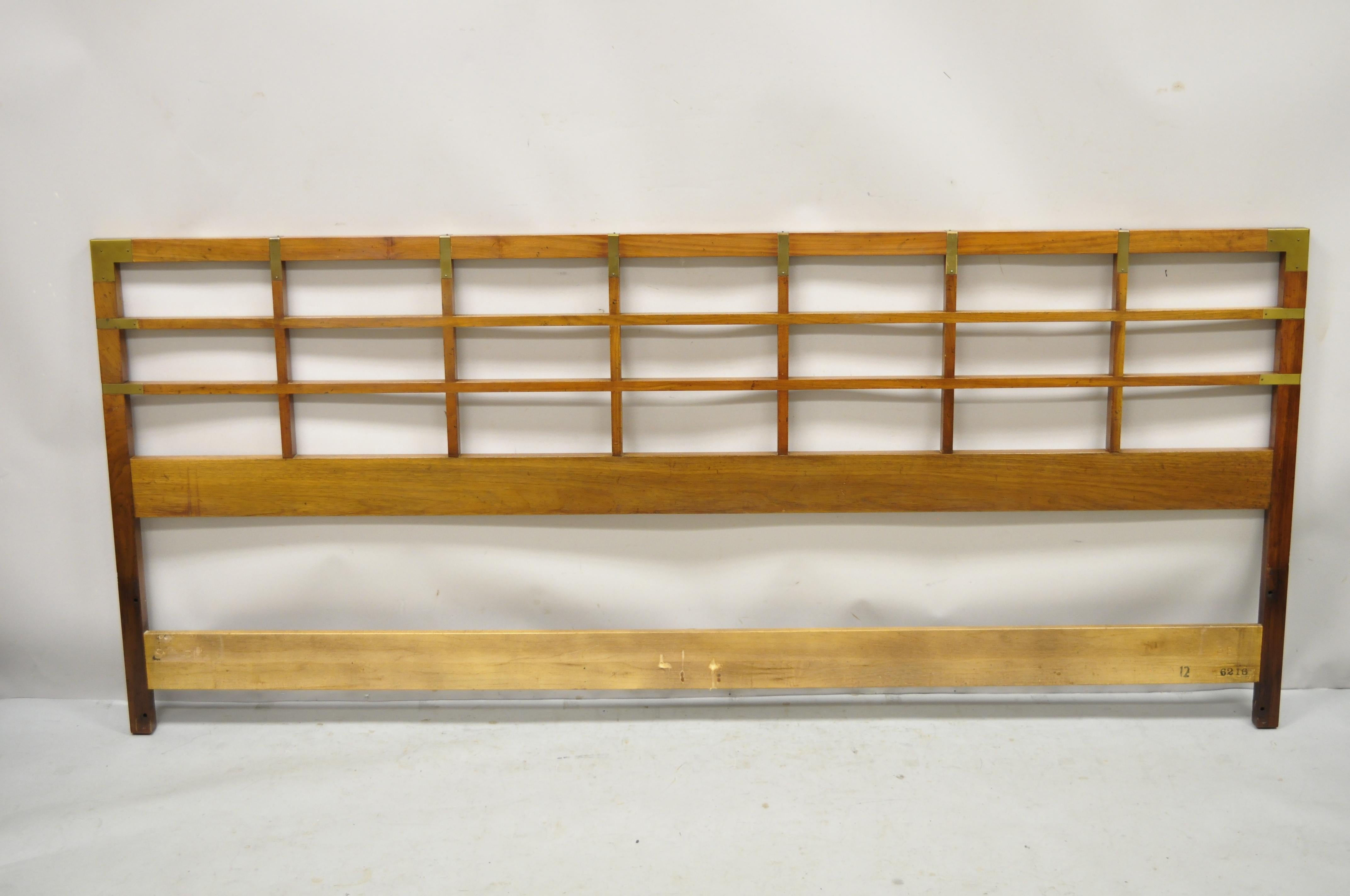 Baker Milling Road Campaign Style Walnut Lattice & Brass King Size Bed Headboard 6