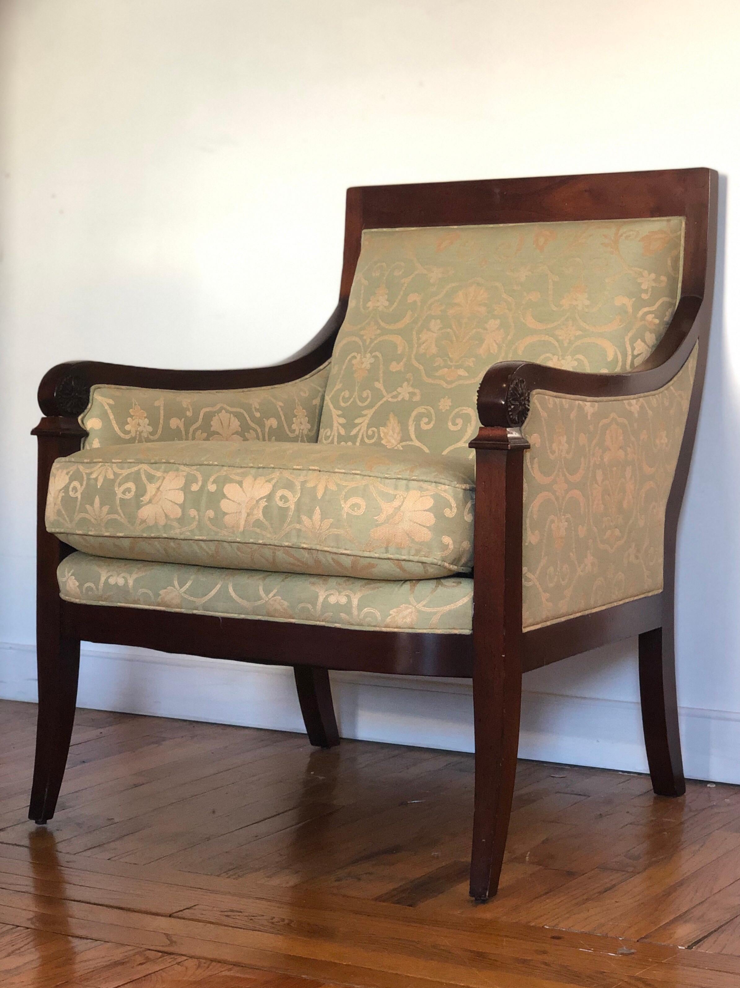 Stunning lines, immensely comfortable. Custom textile. 4500 USD retail per chair. Don't miss this. Timeless design. 
Vintage Beech Baker Milling Road Originals French Restauration Armchair, Silk (?) textile 

Gracefully shaped back and arms. Saber