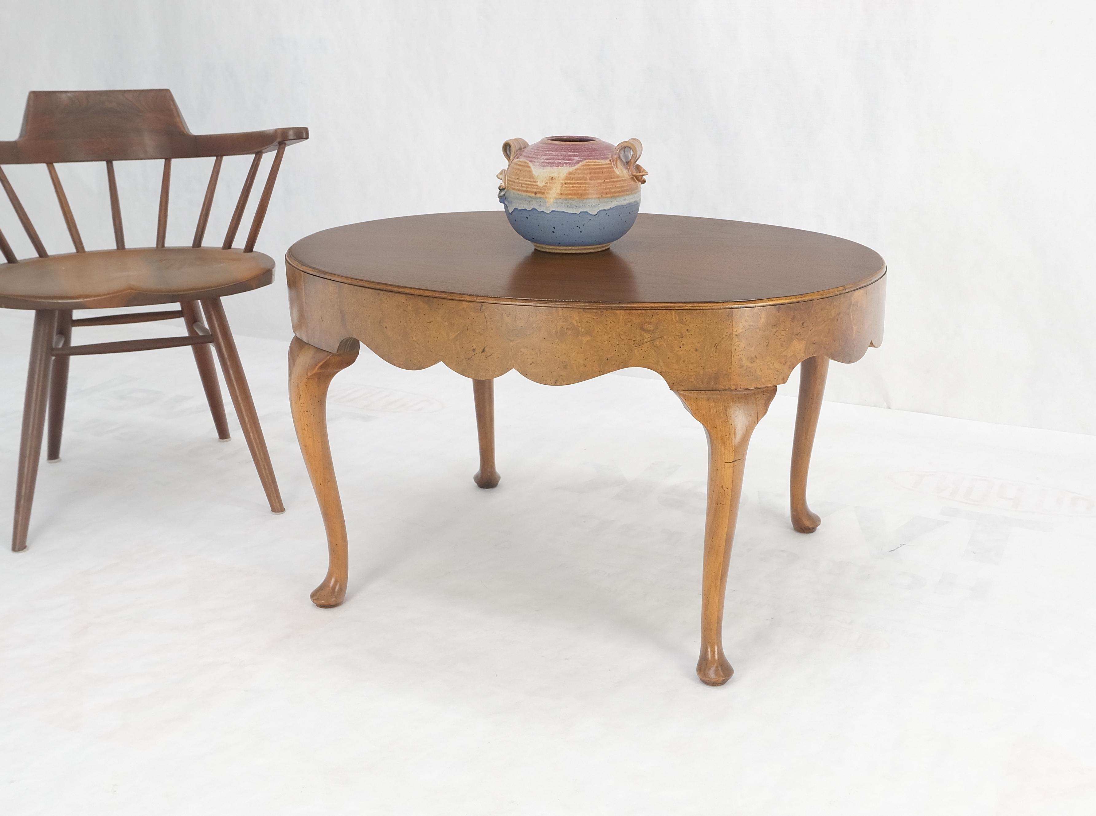 20th Century Baker Oval Walnut Top Burl Base Thick Queen Ann Leg Coffee Side Occasional Table For Sale