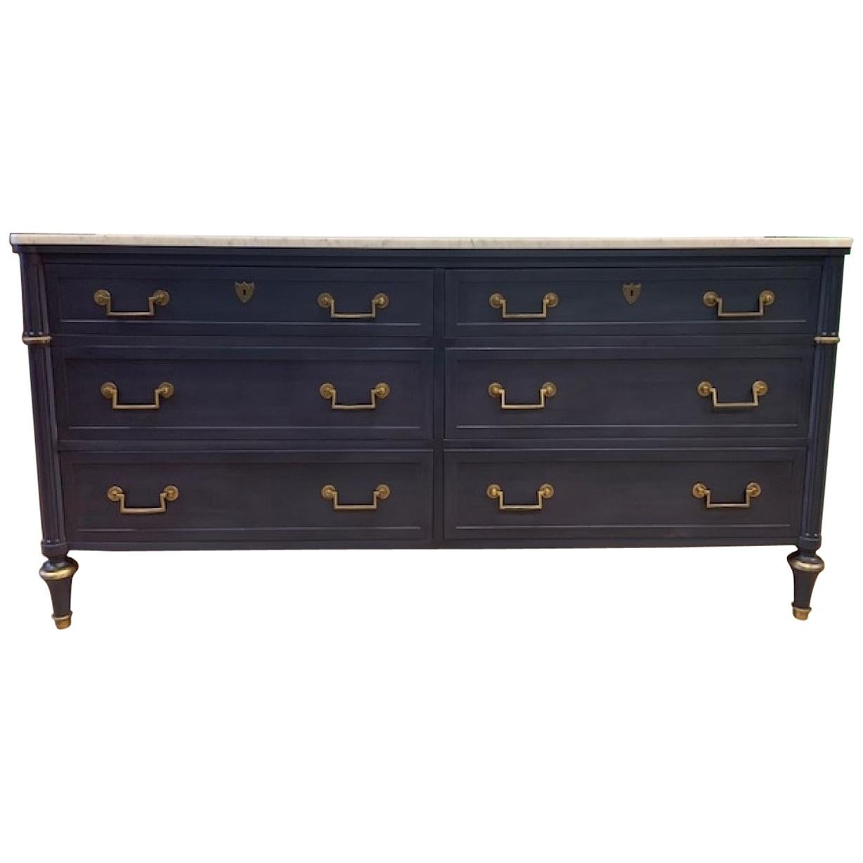 Baker Oxford Navy Lacquered Six-Drawer Marble Top Brass Hardware Dresser For Sale