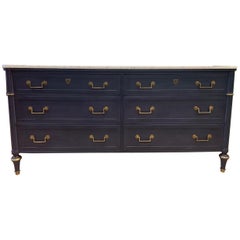Baker Oxford Navy Lacquered Six-Drawer Marble Top Brass Hardware Dresser