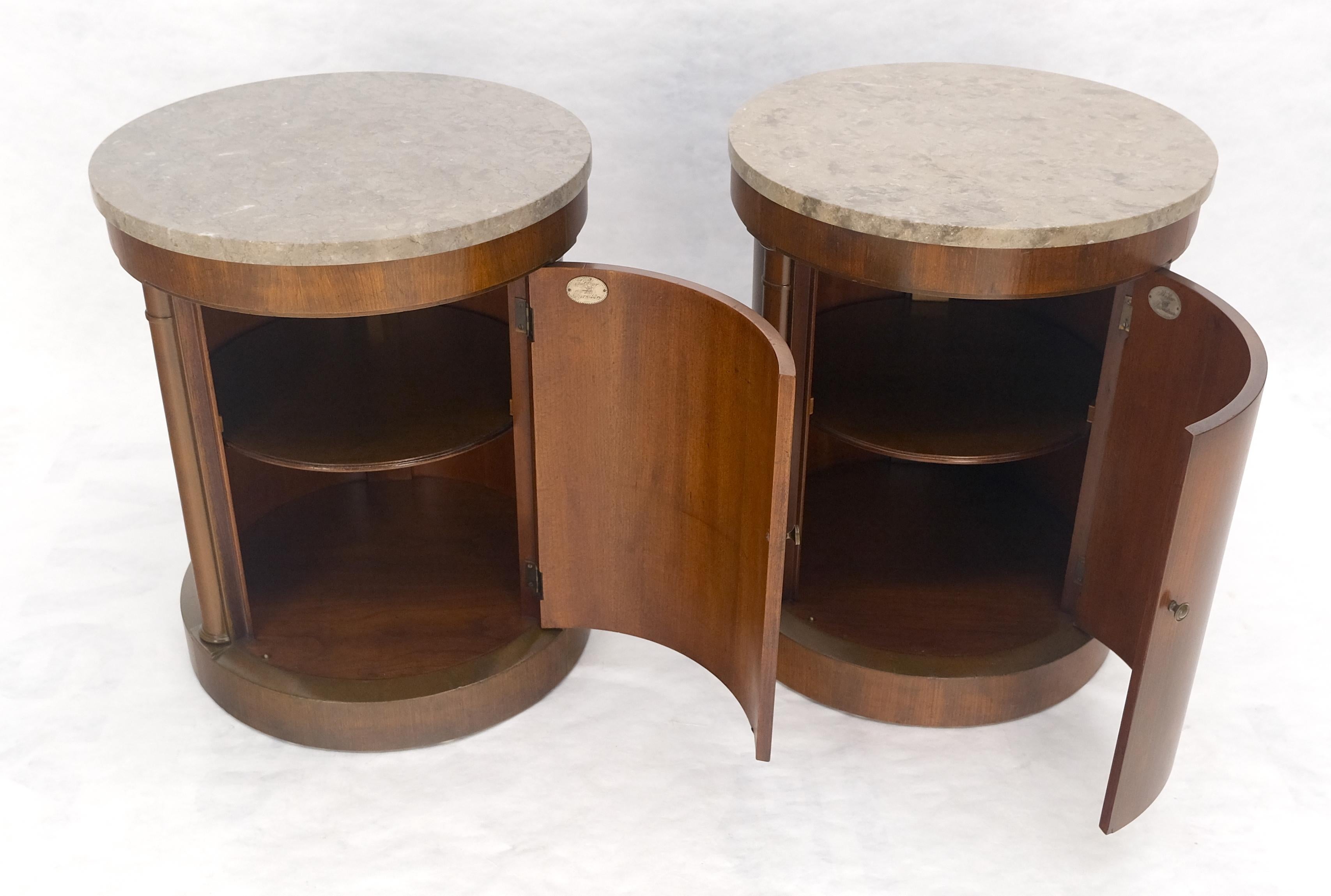 Baker Pair Cylinder Drum Shape Marble Top One Door Compartment Side End Tables MINT
