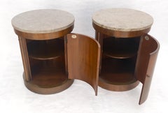 Baker Pair Cylinder Drum Shape Marble Top One Door Compartment Side End Tables