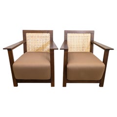 Baker Pair of Contemporary Art Deco Style Cane Back Wood Lounge Chairs