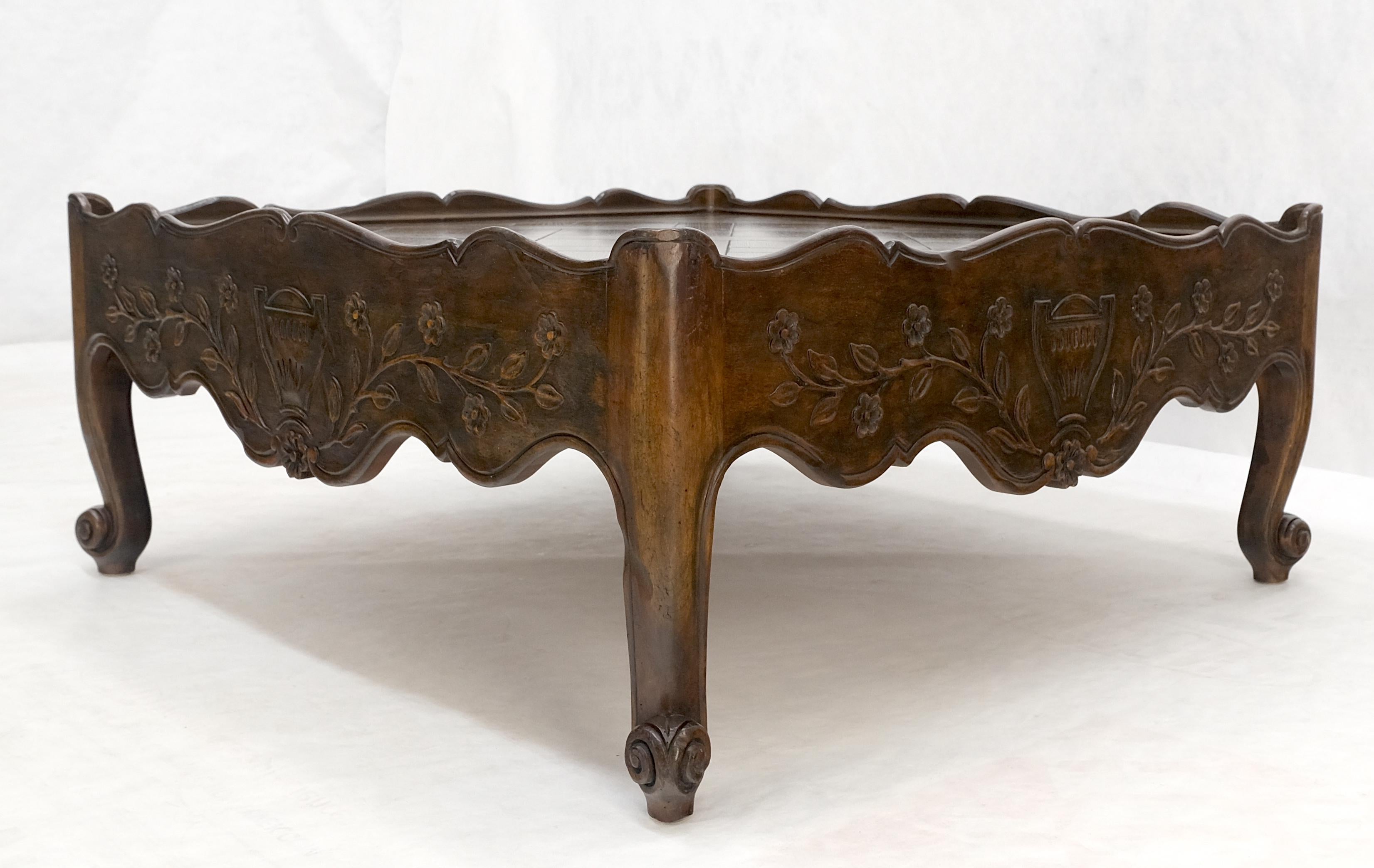 Lacquered Baker Parquet Top Finely Carved Country French Large Massive Coffee Table MINT! For Sale