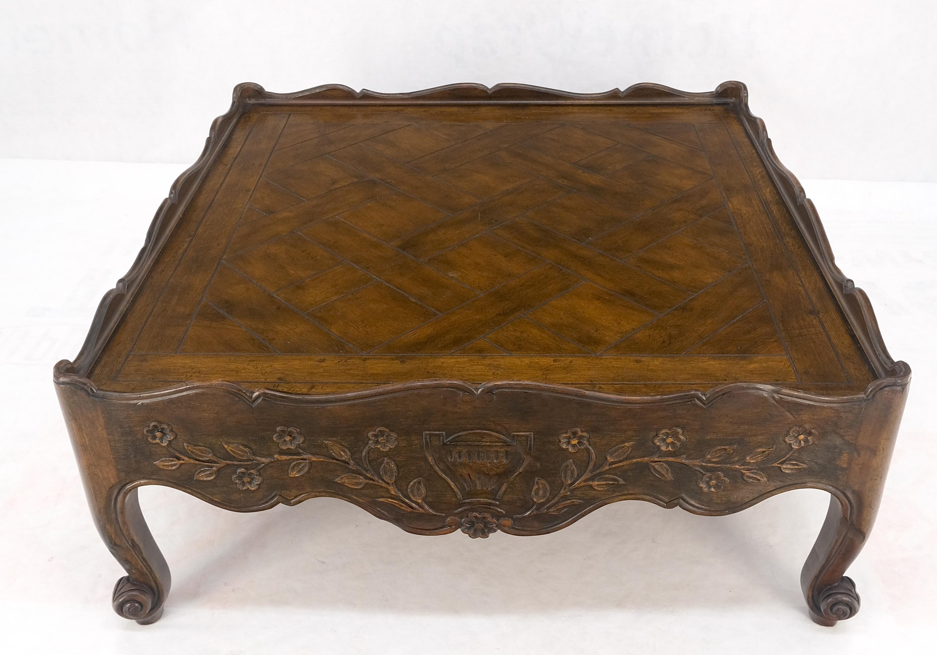 Baker Parquet Top Finely Carved Country French Large Massive Coffee Table MINT! In Excellent Condition For Sale In Rockaway, NJ
