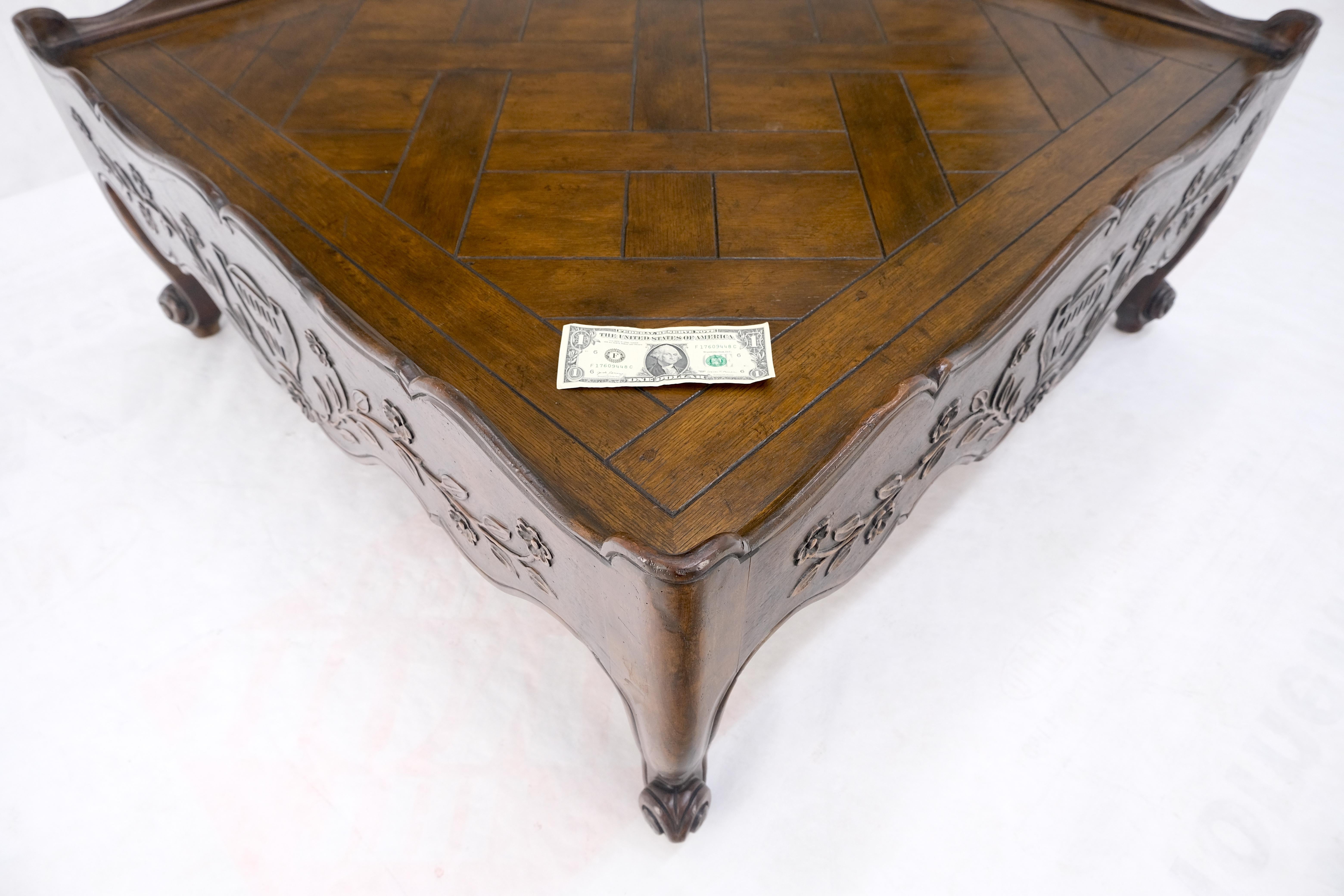 Baker Parquet Top Finely Carved Country French Large Massive Coffee Table MINT! For Sale 1