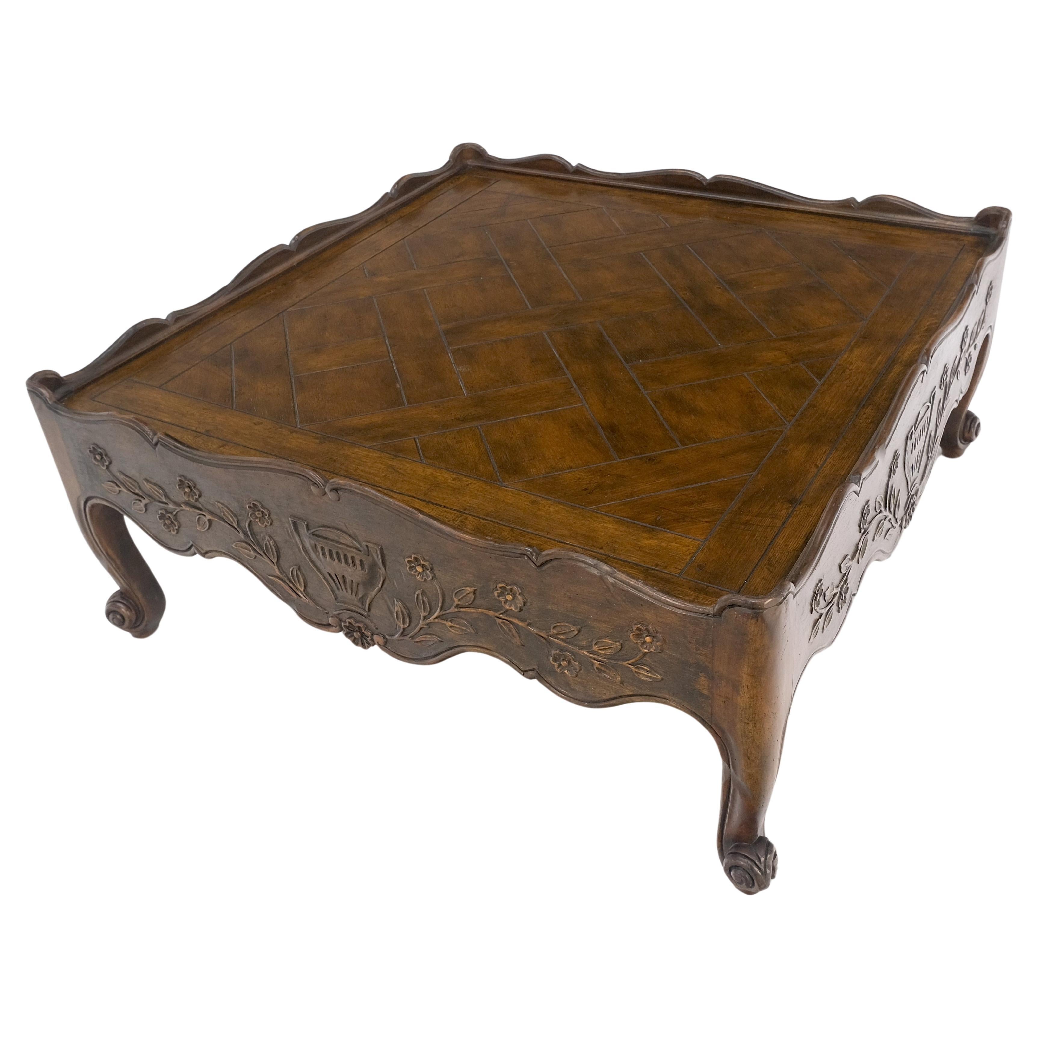 Baker Parquet Top Finely Carved Country French Large Massive Coffee Table MINT! For Sale