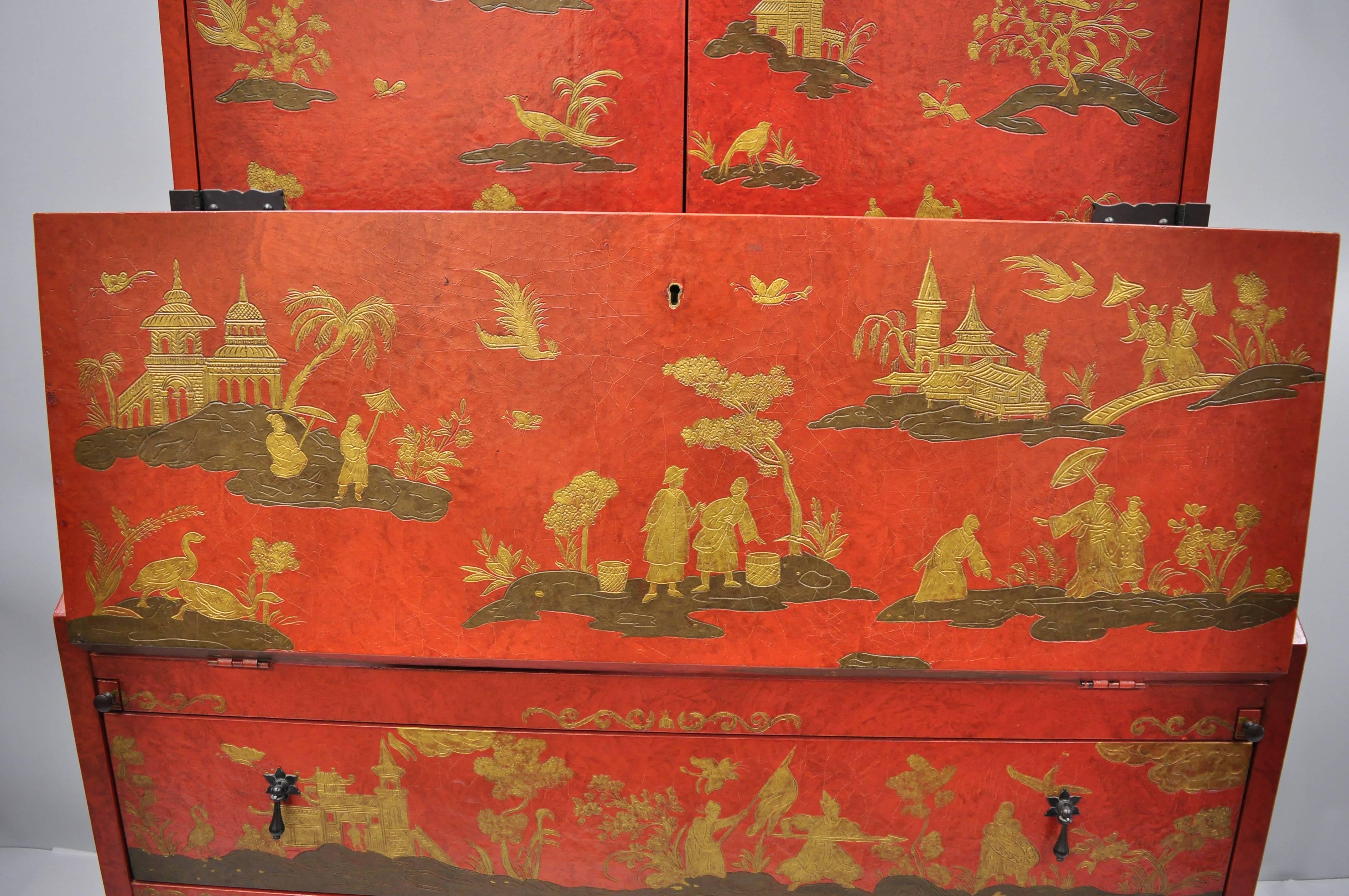 Baker Red Chinoiserie Japanned 1593 Venetian Secretary Desk Collectors Edition 4