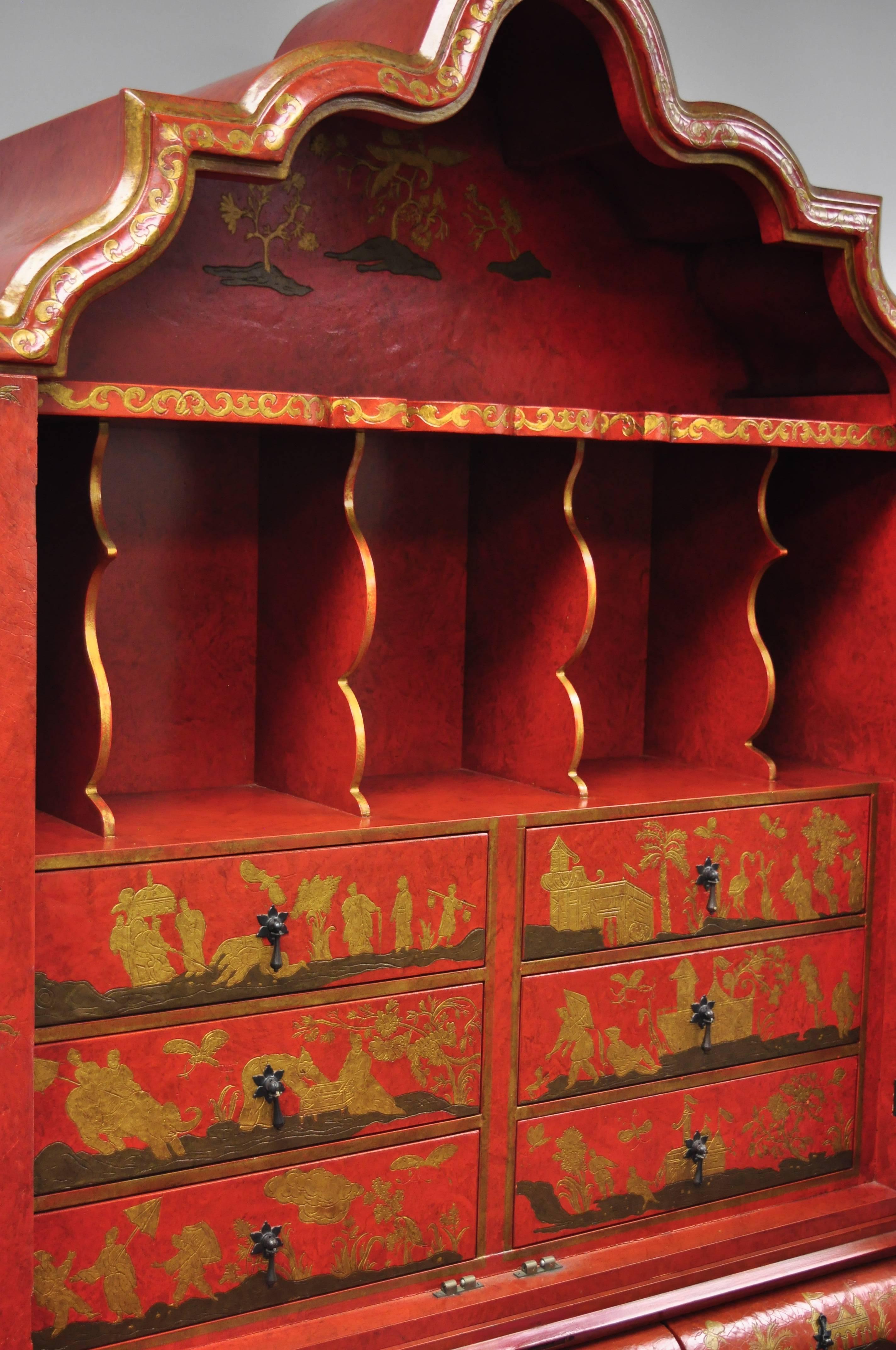 Baker Red Chinoiserie Japanned 1593 Venetian Secretary Desk Collectors Edition In Good Condition In Philadelphia, PA
