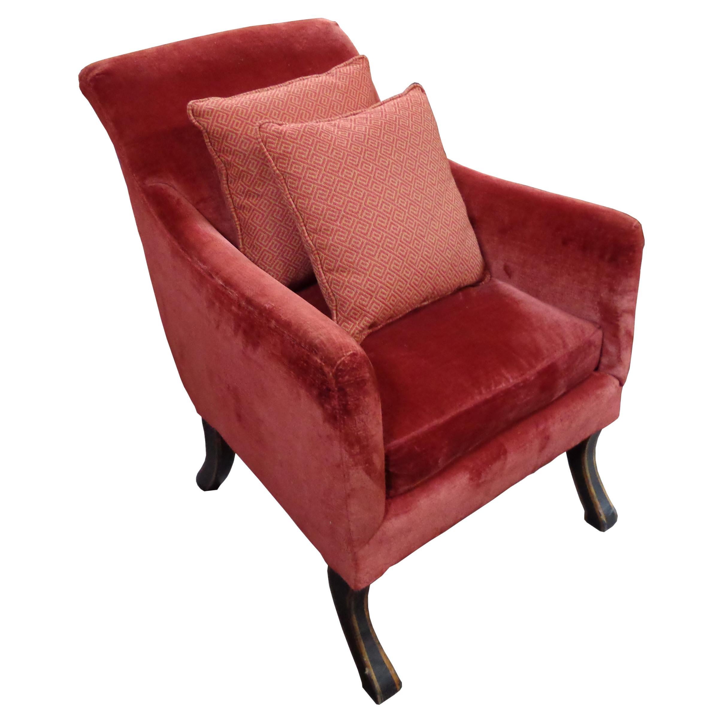 From the Baker Regency Stately Homes collection, this chair features carved cabriole legs with whorl feet.
Upholstered in a rich velvet with nail head trim.


Measures: 27? Width x 32? Depth x 36? Height
Seat Height 20?
Arm Height 26.5?.
   