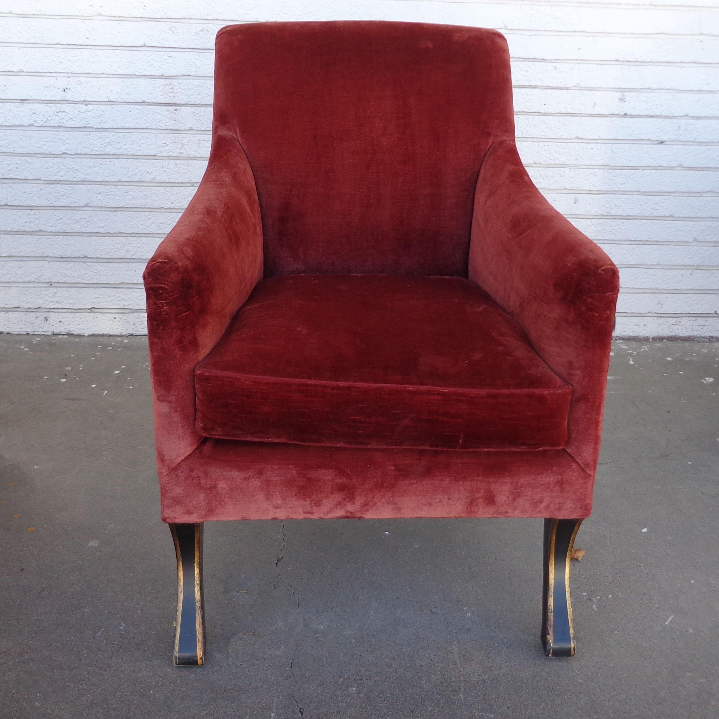 Baker Regency Stately Homes Velvet Lounge Chair In Good Condition For Sale In Pasadena, TX