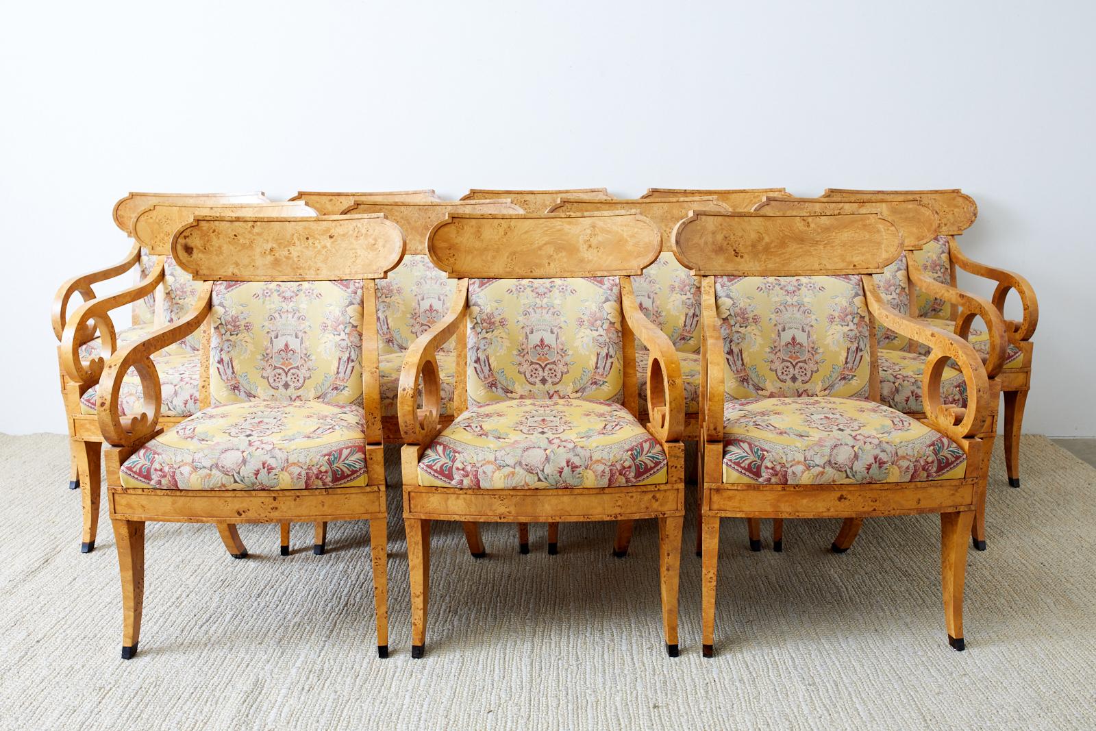 American Baker Regency Style Burl Wood Klismos Dining Armchairs, 12 Available For Sale