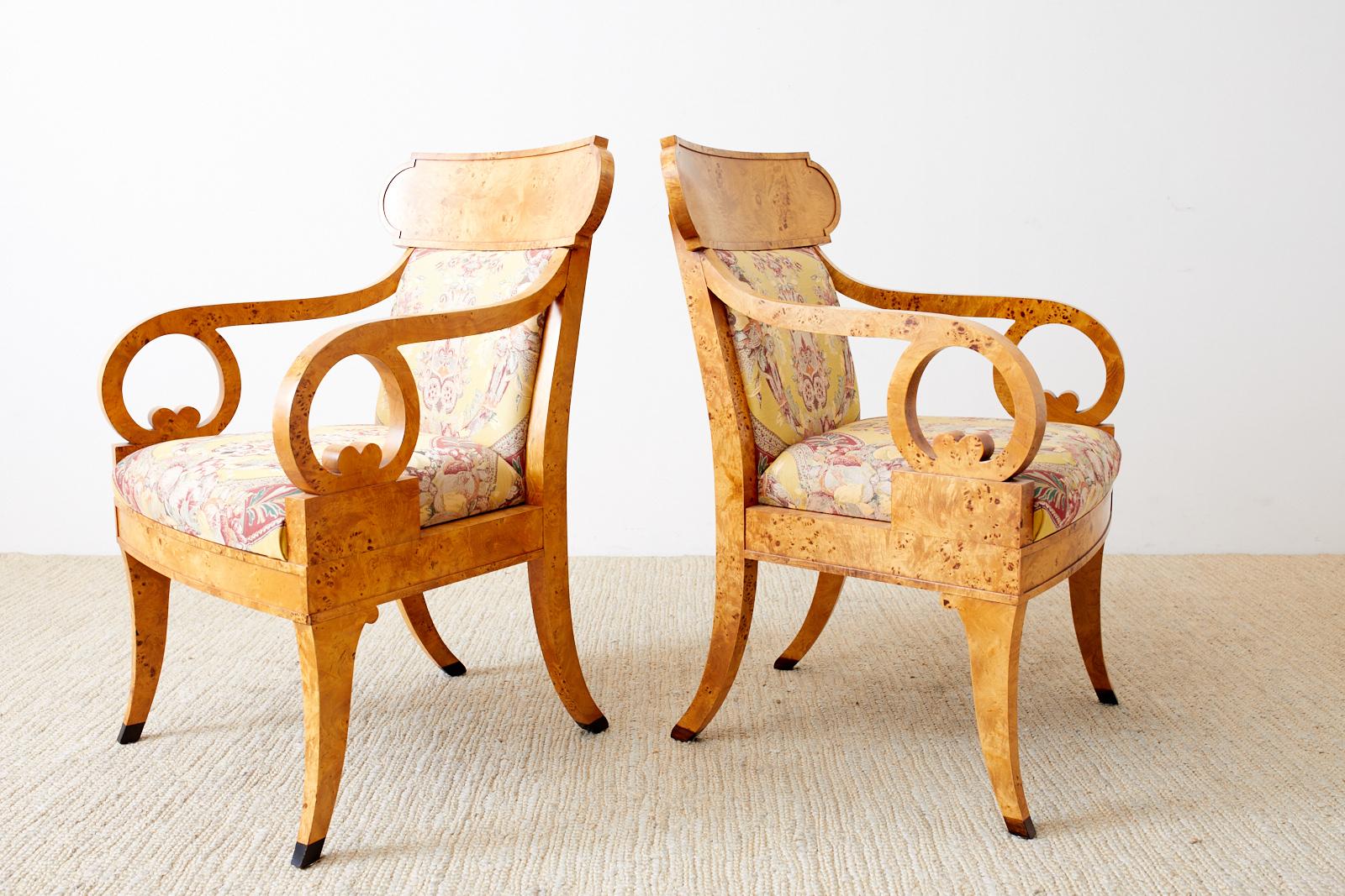 Hand-Crafted Baker Regency Style Burl Wood Klismos Dining Armchairs, 12 Available For Sale