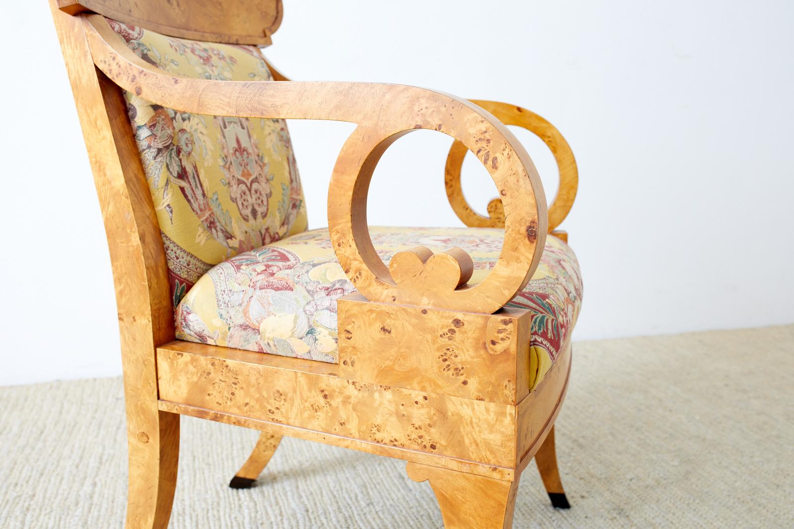 Baker Regency Style Burl Wood Klismos Dining Armchairs, 12 Available In Good Condition For Sale In Rio Vista, CA