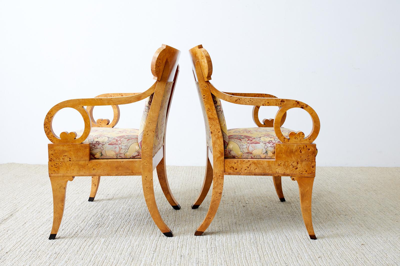 20th Century Baker Regency Style Burl Wood Klismos Dining Armchairs, 12 Available For Sale