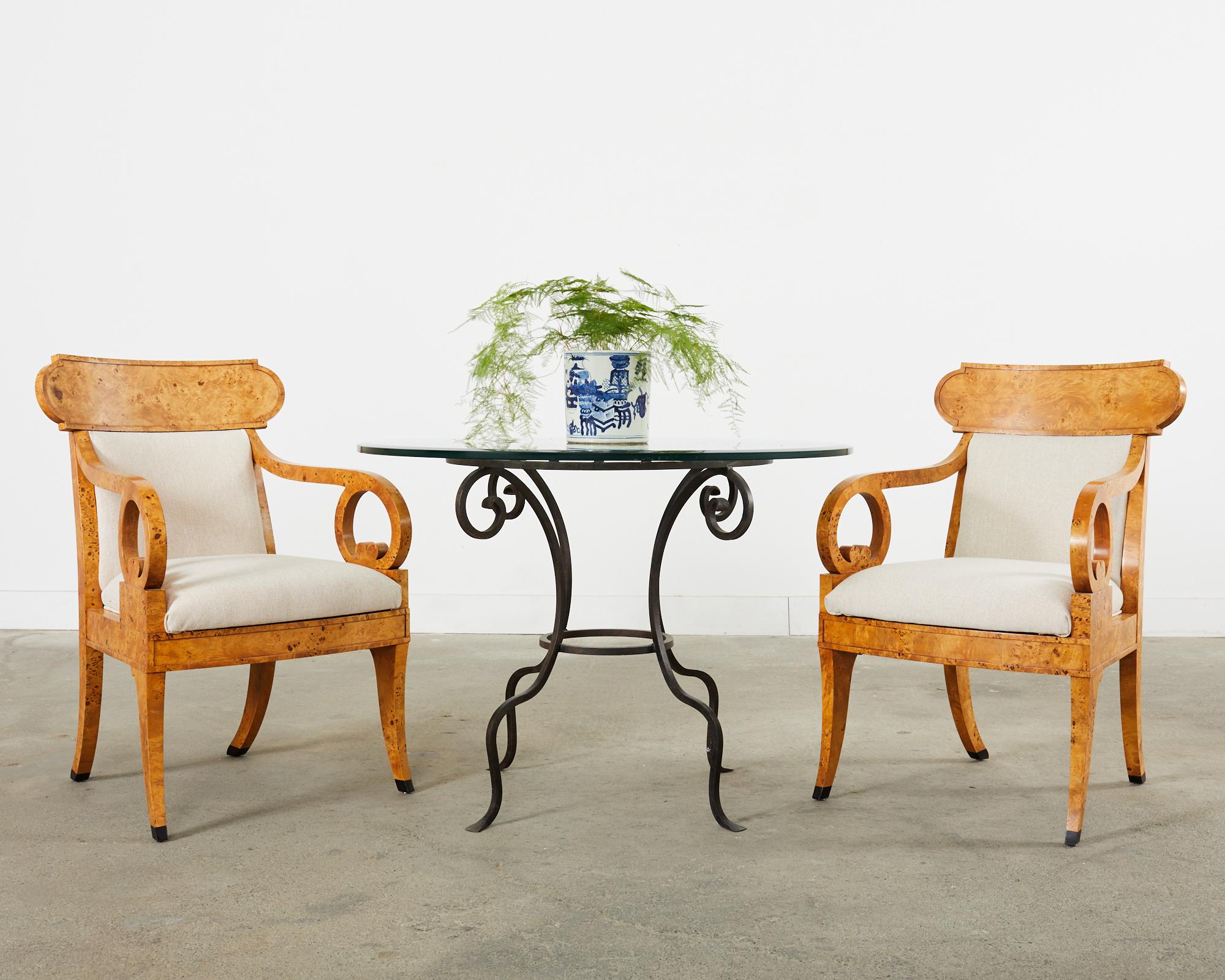 Hand-Crafted Set of Twelve Baker Regency Burl Wood Klismos Dining Armchairs For Sale