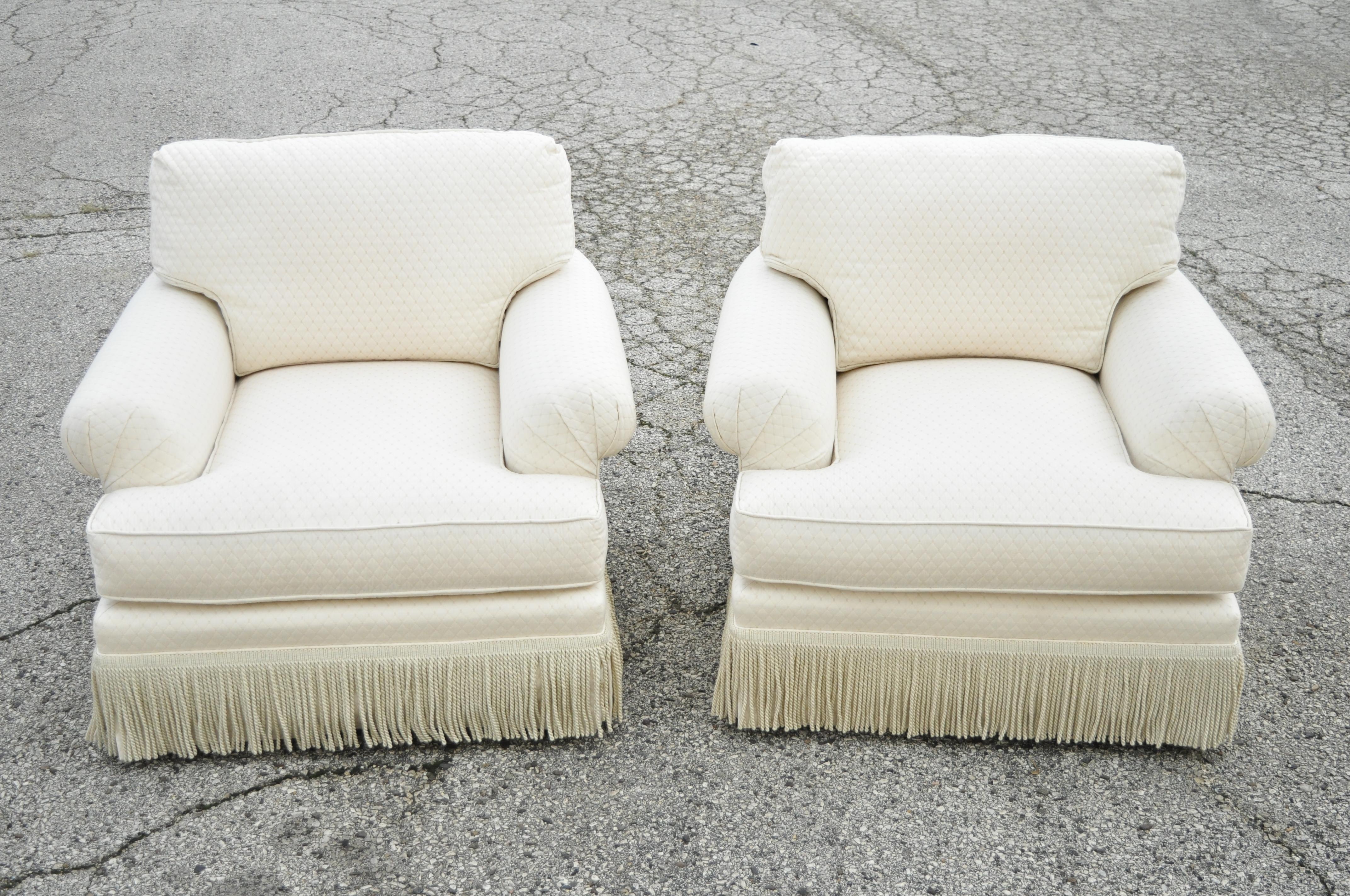 Baker Rolled Arm Fringe Skirt Cream Upholstered Art Deco Club Chairs, a Pair 2