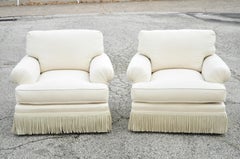 Baker Rolled Arm Fringe Skirt Cream Upholstered Art Deco Club Chairs, a Pair