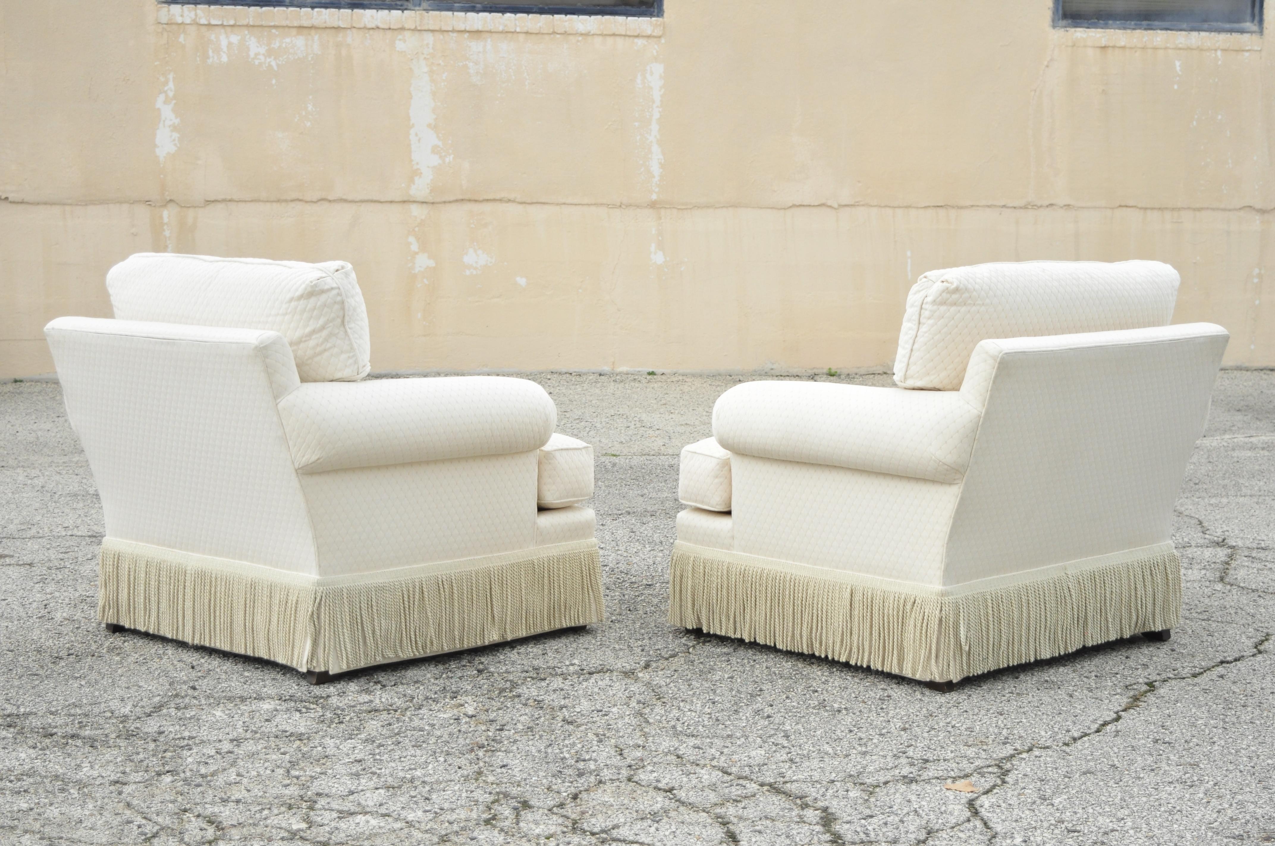 Baker Rolled Arm Fringe Skirt Cream Upholstered Art Deco Club Chairs, a Pair In Good Condition In Philadelphia, PA