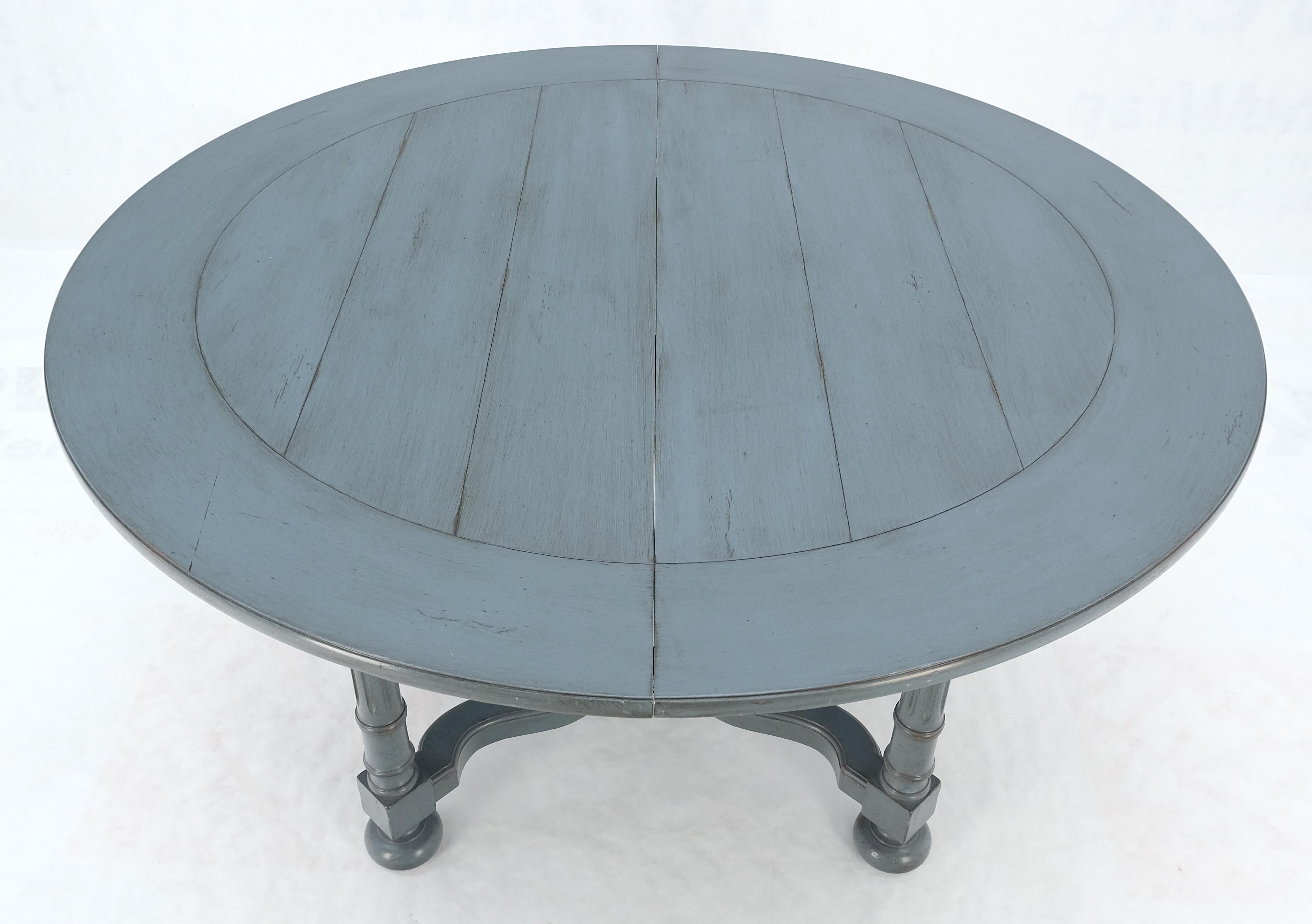 Carved Baker Round Blue Grey Wash Milk Paint Style Finish Dining Table 2 Leaves MINT! For Sale