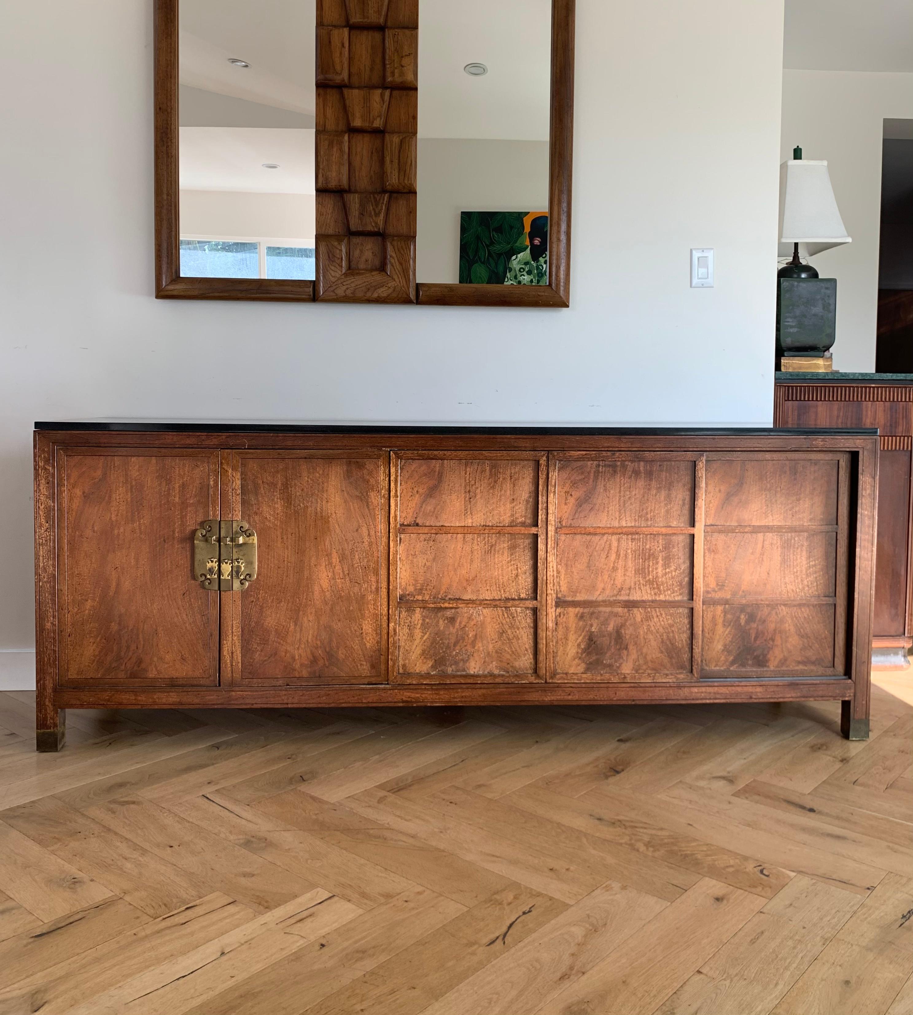 Baker Rustic Mid Century Wood Credenza with Brass and Granite, 1950s 4