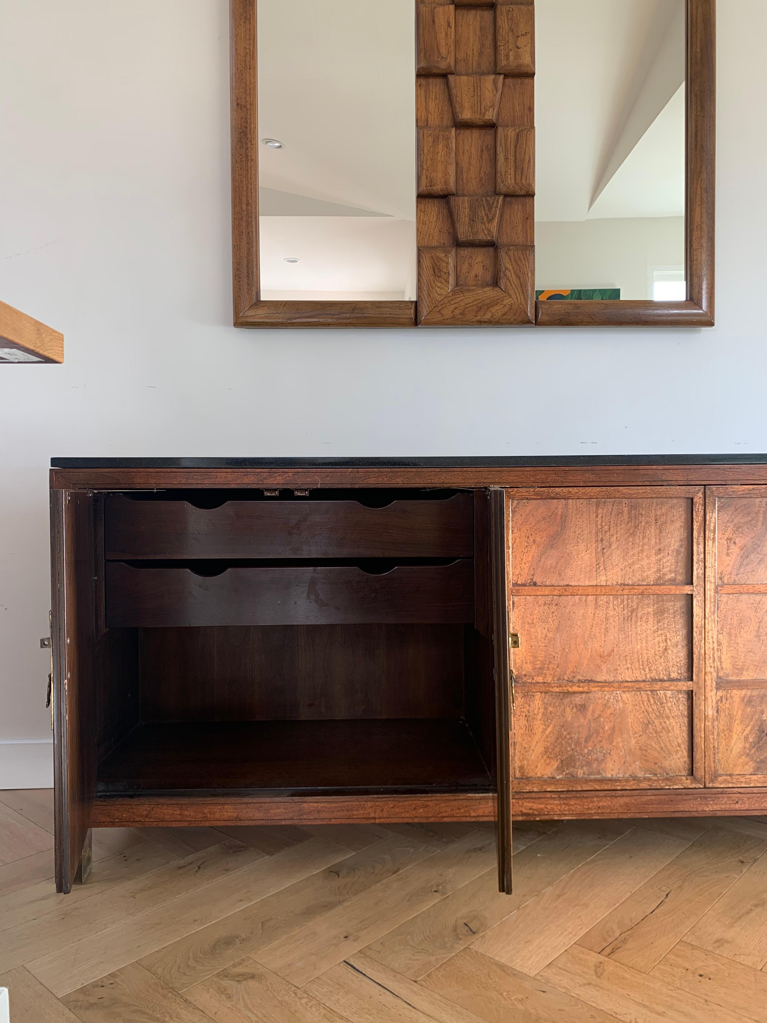 Baker Rustic Mid Century Wood Credenza with Brass and Granite, 1950s 8