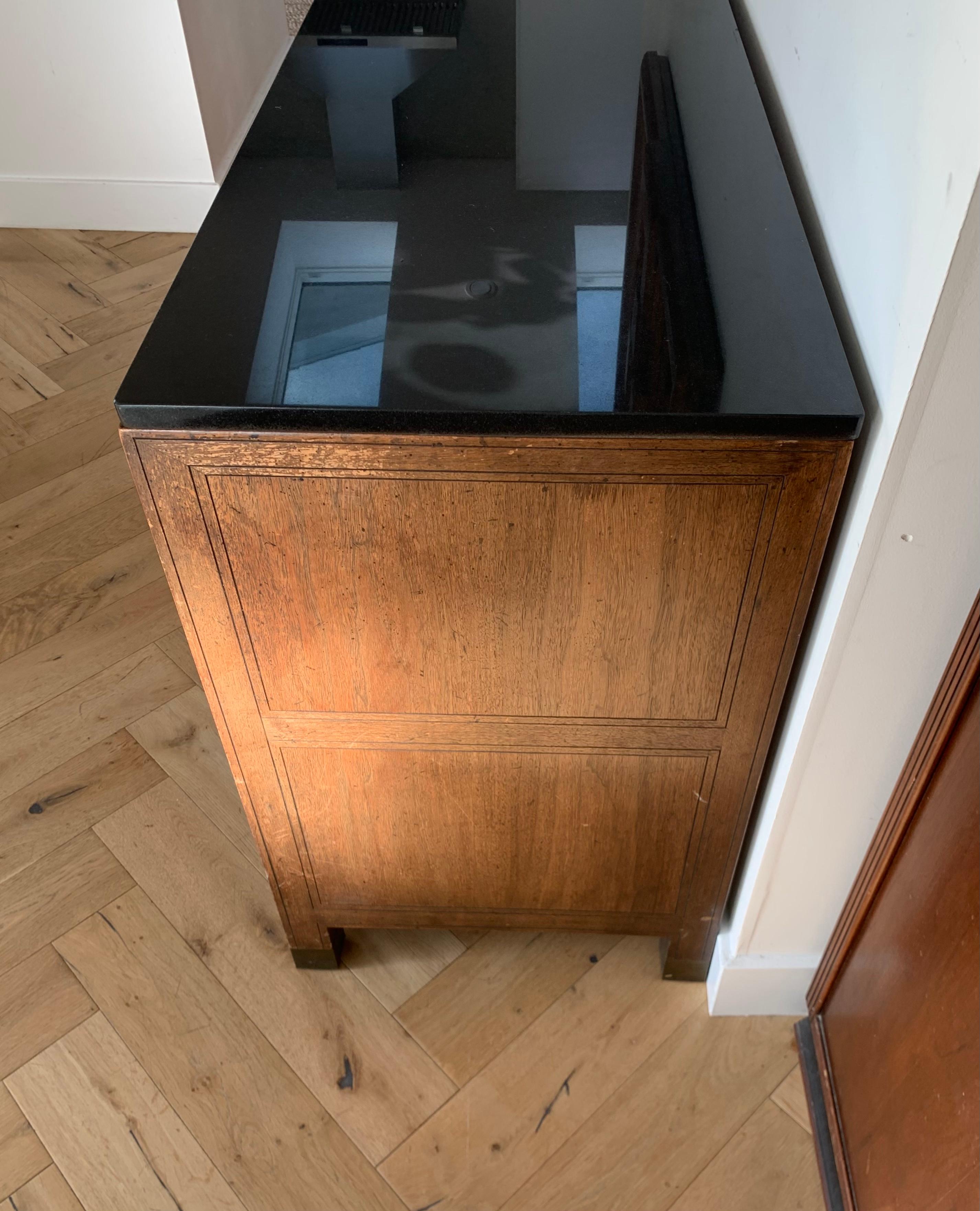 Baker Rustic Mid Century Wood Credenza with Brass and Granite, 1950s 12