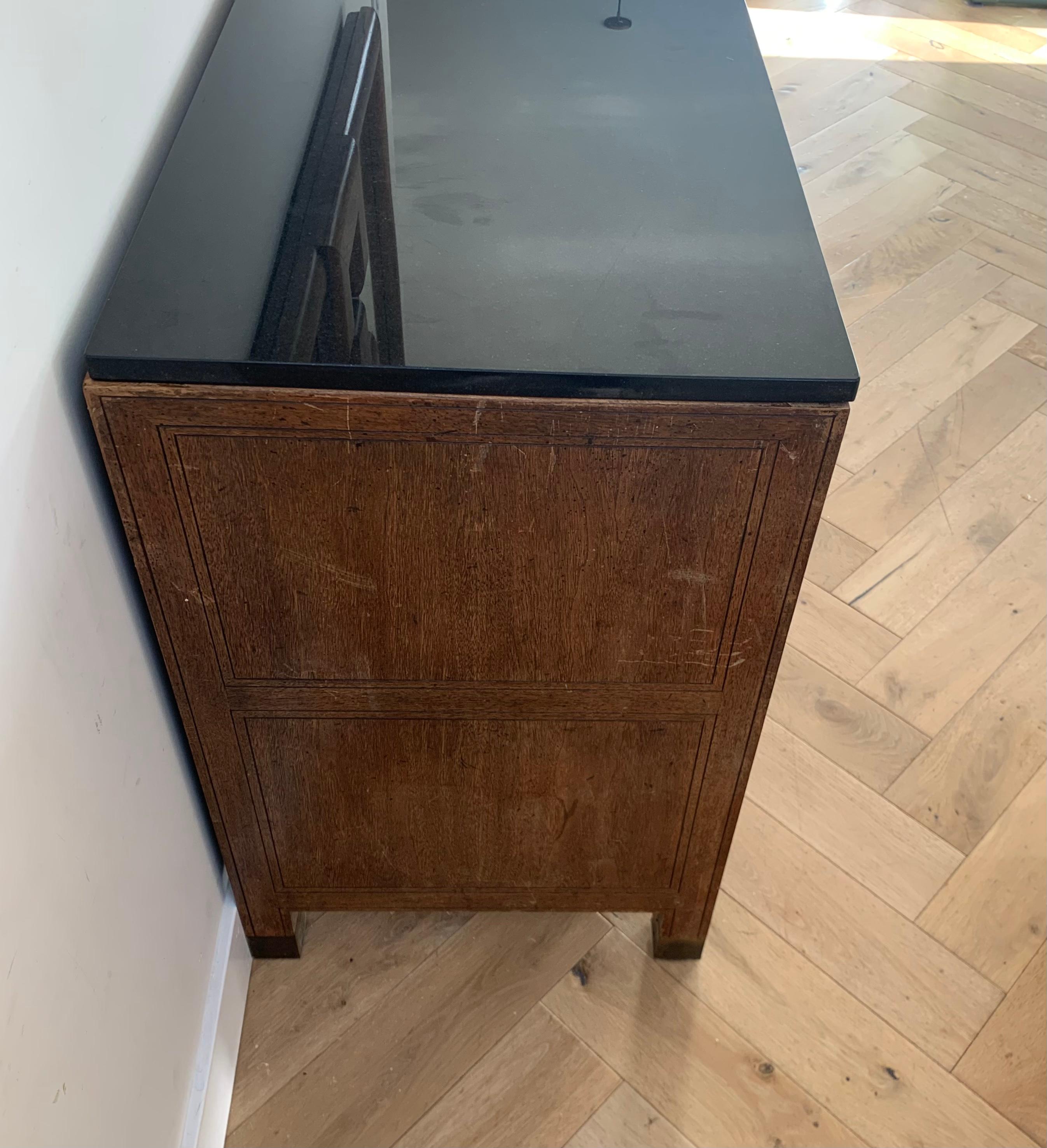 Baker Rustic Mid Century Wood Credenza with Brass and Granite, 1950s 13