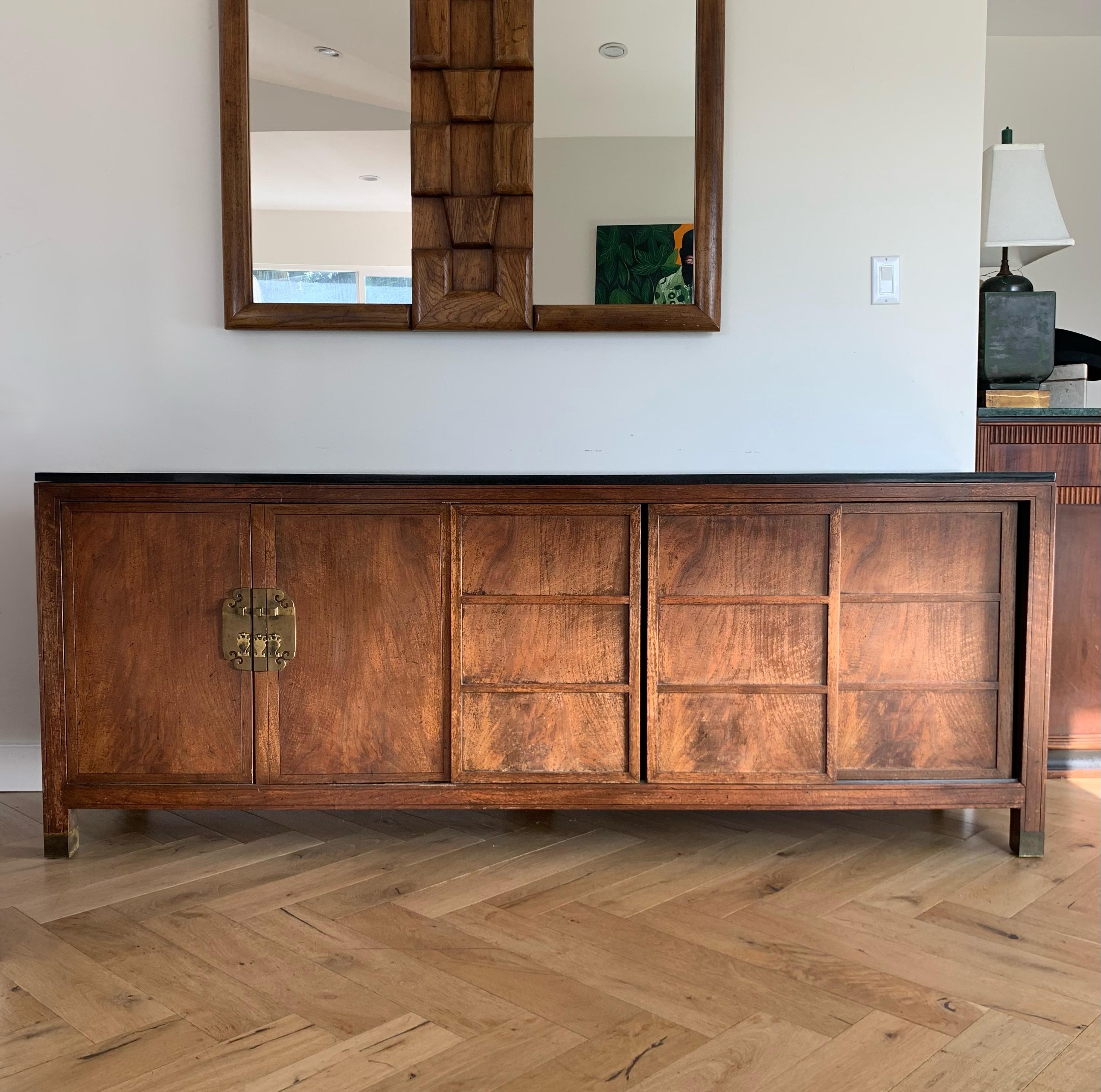 American Baker Rustic Mid Century Wood Credenza with Brass and Granite, 1950s