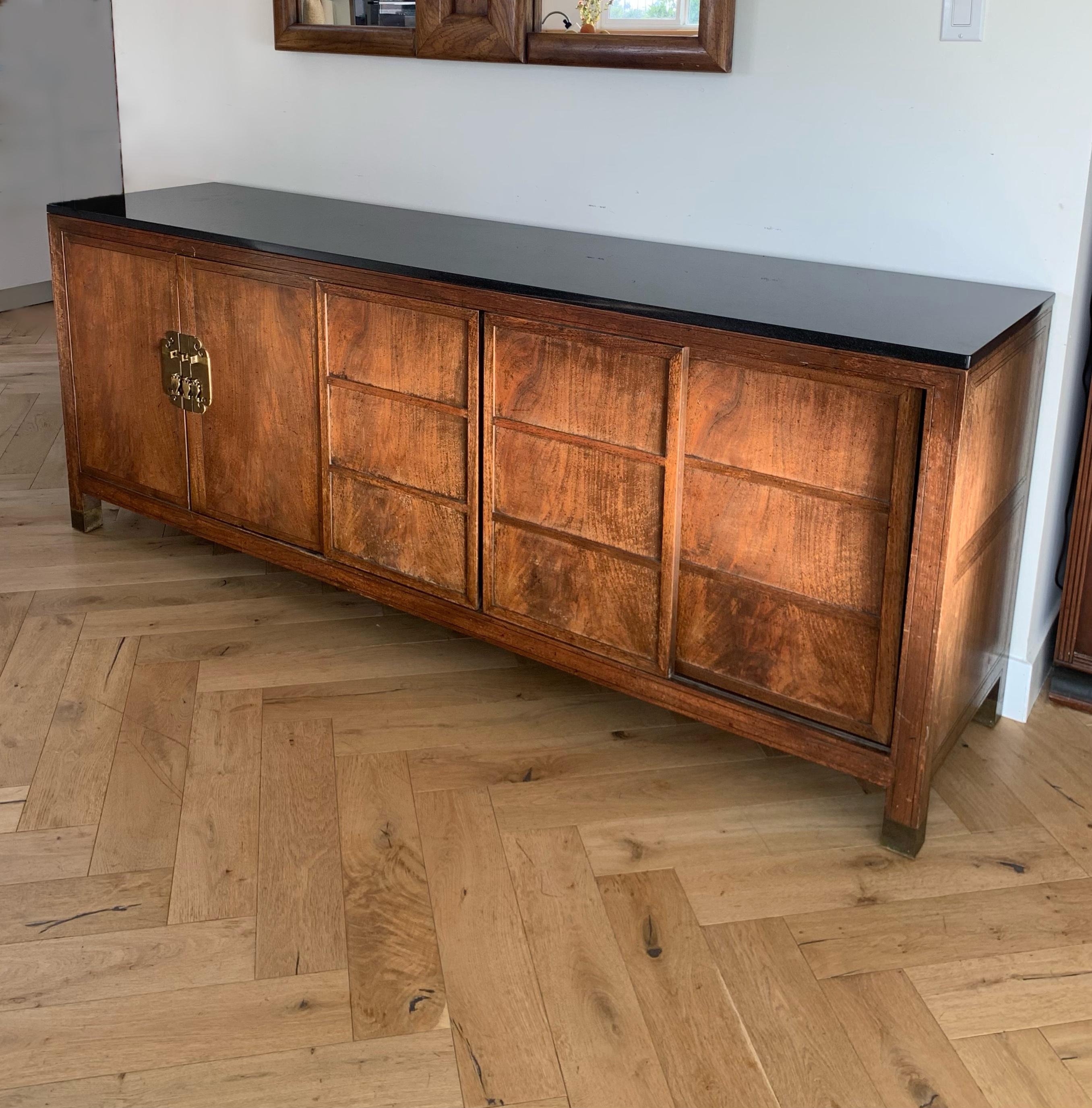 Baker Rustic Mid Century Wood Credenza with Brass and Granite, 1950s In Good Condition In View Park, CA