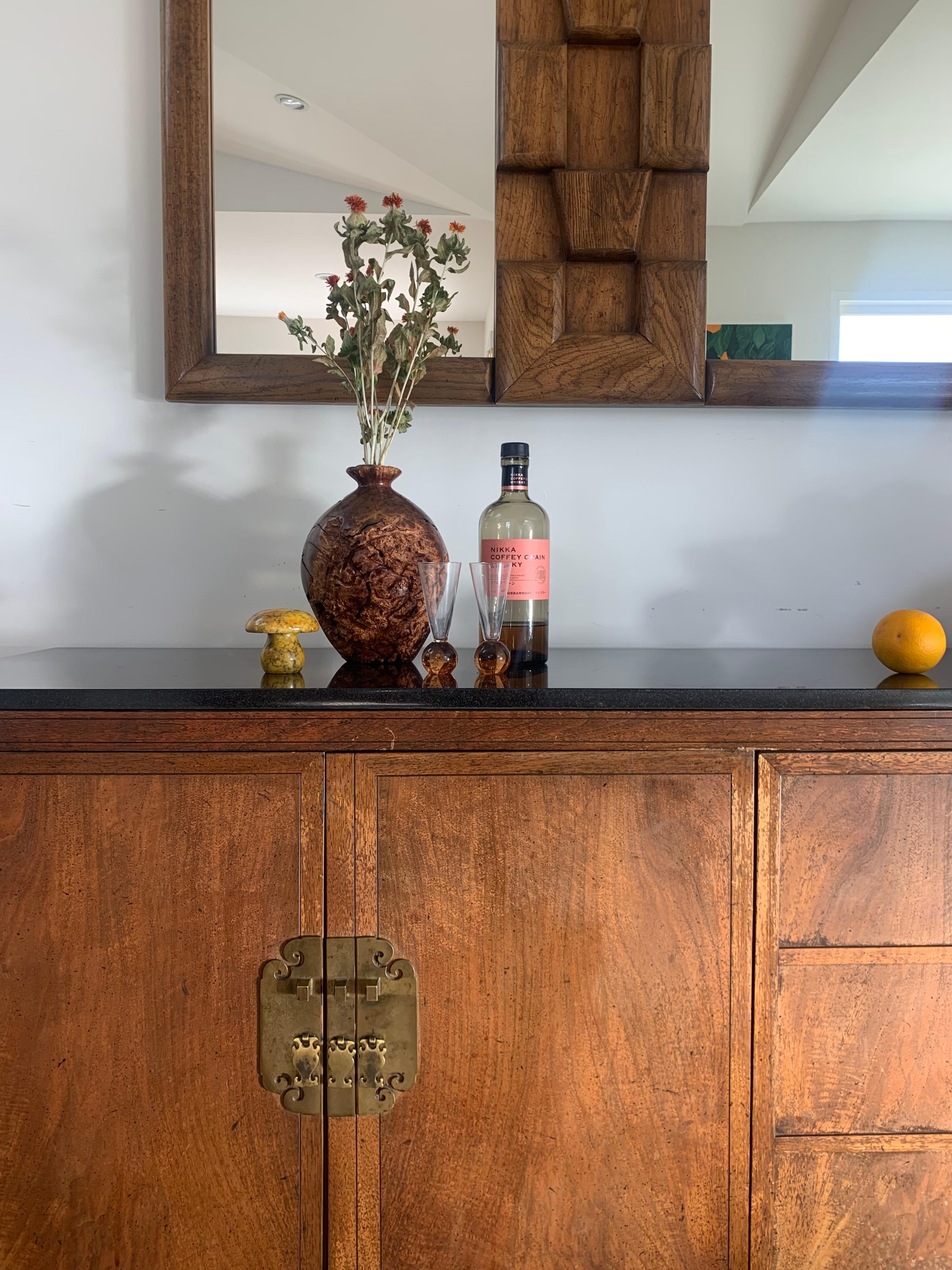 Baker Rustic Mid Century Wood Credenza with Brass and Granite, 1950s 2