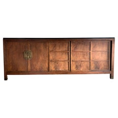 Baker Rustic Mid Century Wood Credenza with Brass and Granite, 1950s
