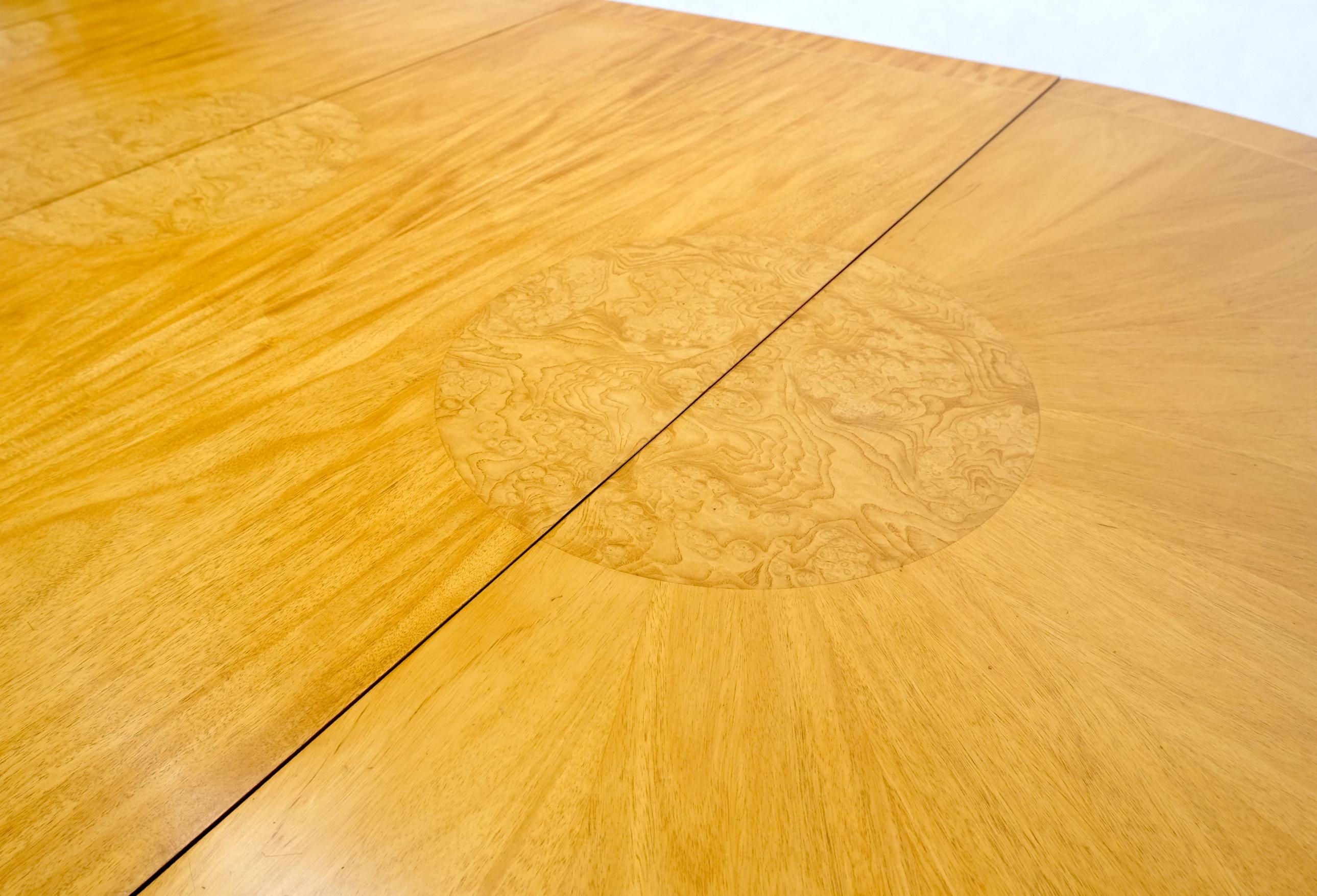 Baker Satin Wood Blond Single Pedestal Banded Round Dining Table Two Leaves Mint 4