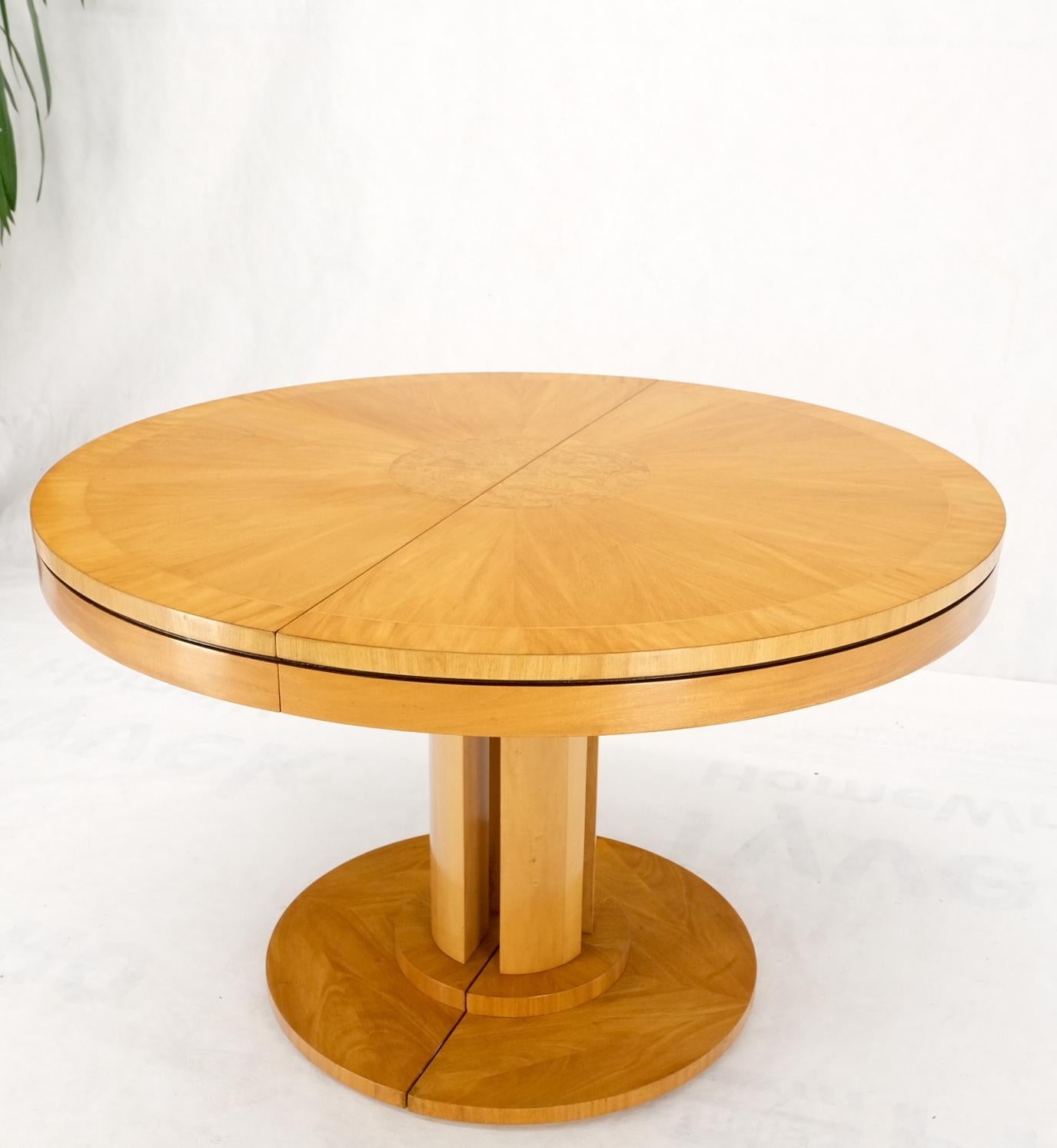 Baker Satin Wood Blond Single Pedestal Banded Round Dining Table Two Leaves Mint 6