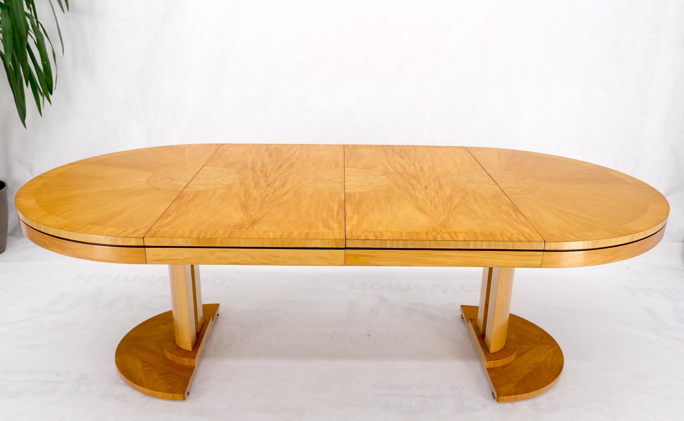 Baker Satin Wood Blond Single Pedestal Banded Round Dining Table Two Leaves Mint 8
