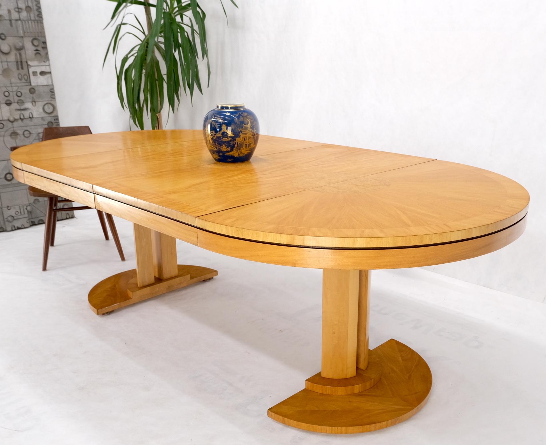 Baker Satin Wood Blond Single Pedestal Banded Round Dining Table Two Leaves Mint 11