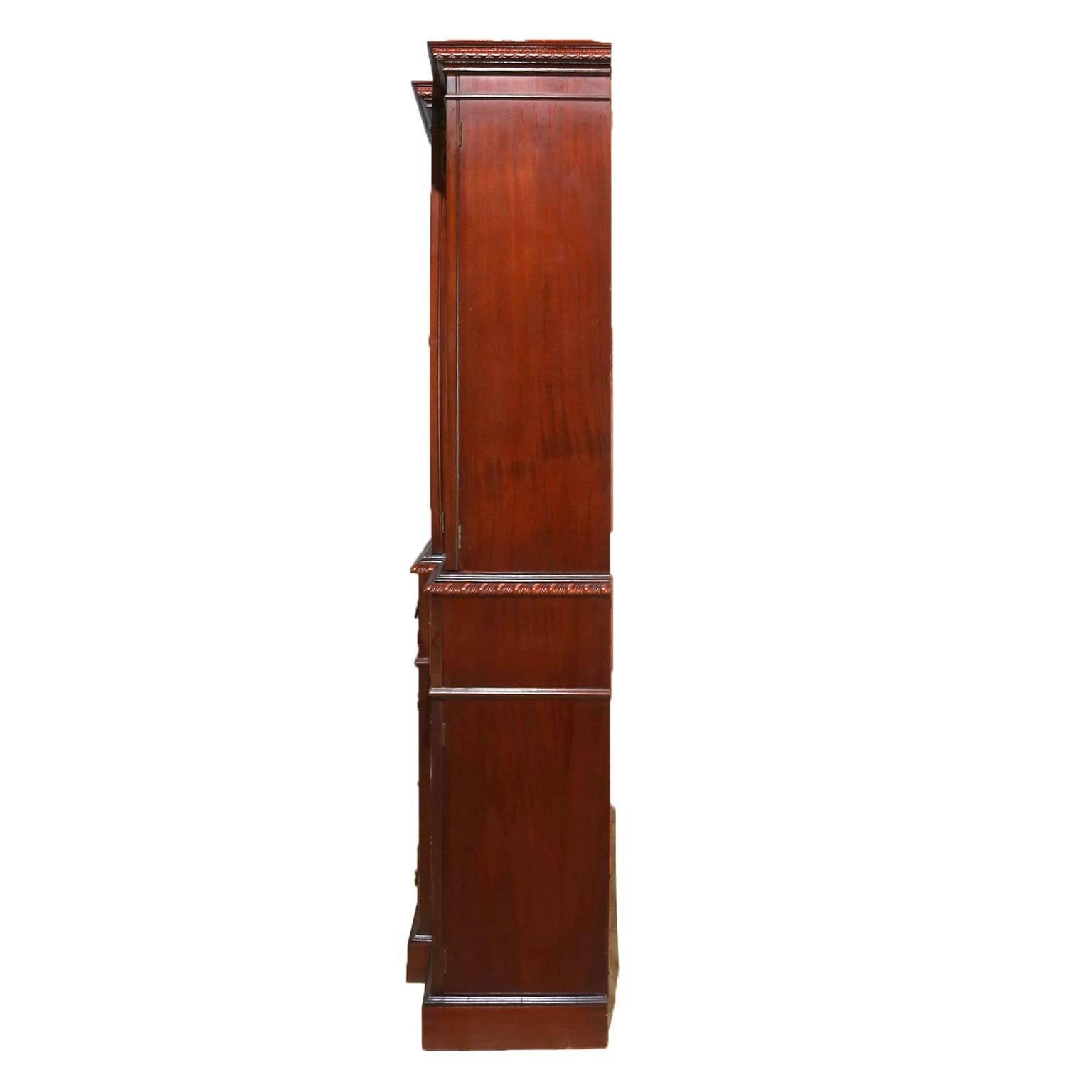 American Baker School Colonial Flame Mahogany Breakfront Secretary Cabinet, circa 1940