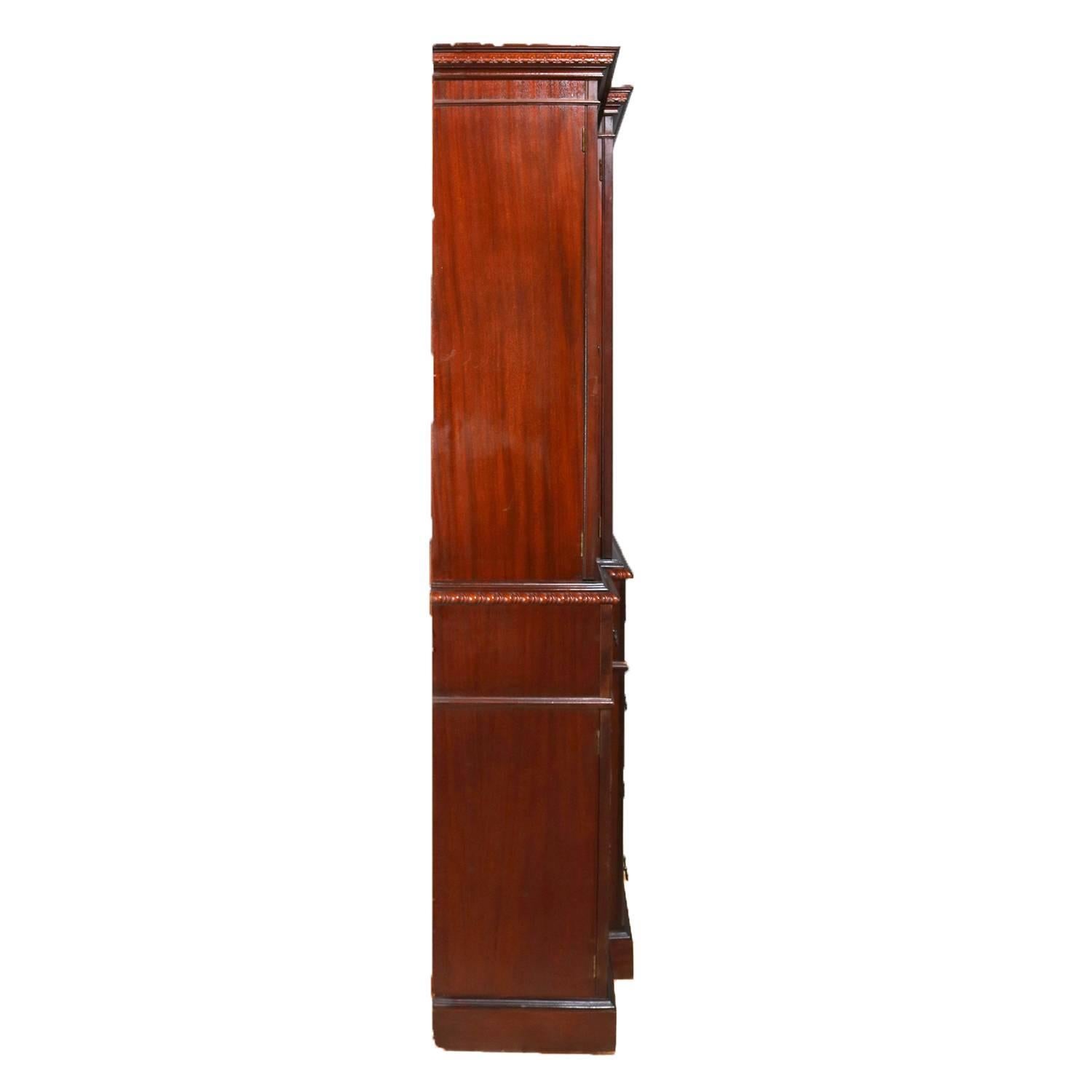 20th Century Baker School Colonial Flame Mahogany Breakfront Secretary Cabinet, circa 1940