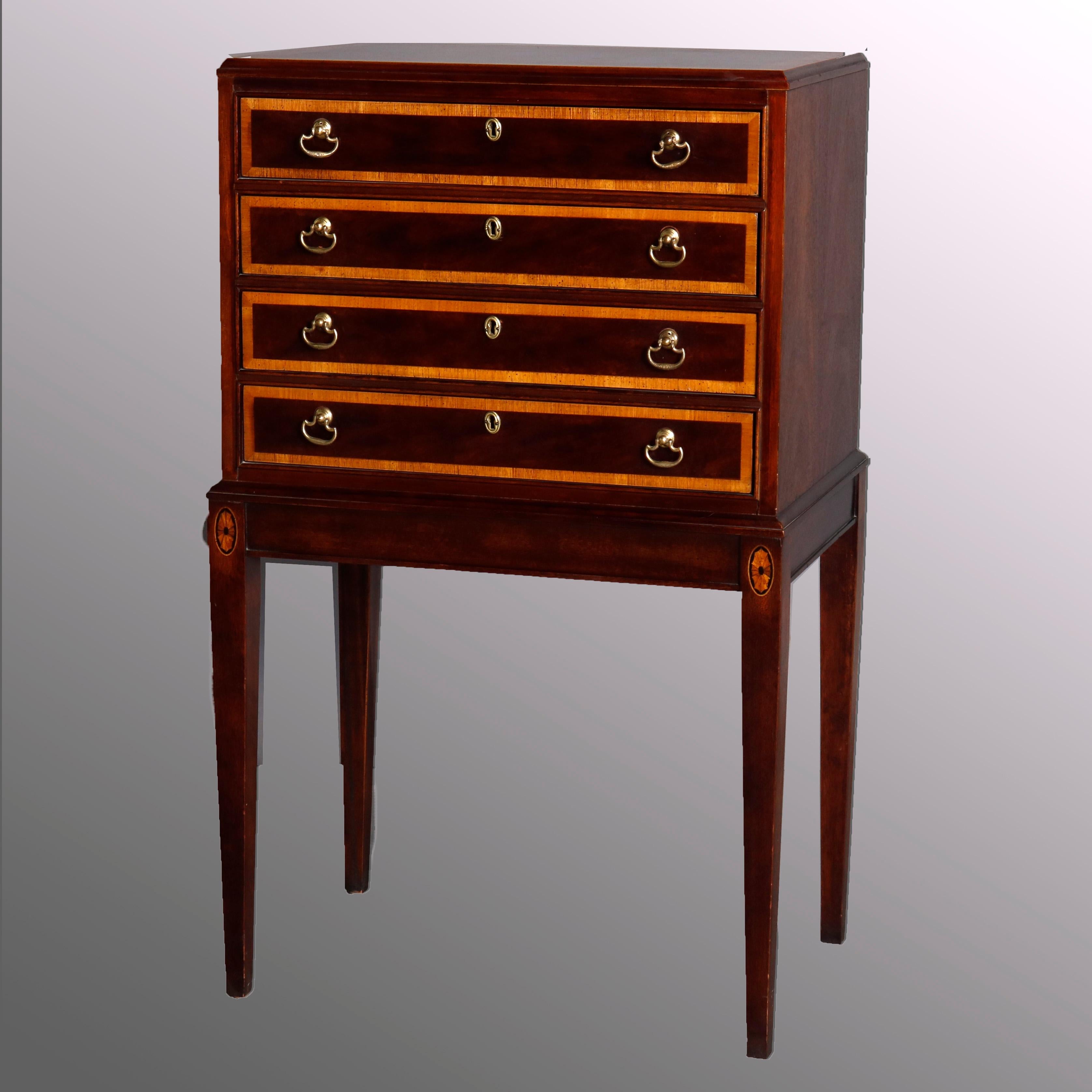 Baker School Satinwood Banded Mahogany 4-Drawer Silver Chest, 20th Century In Good Condition In Big Flats, NY