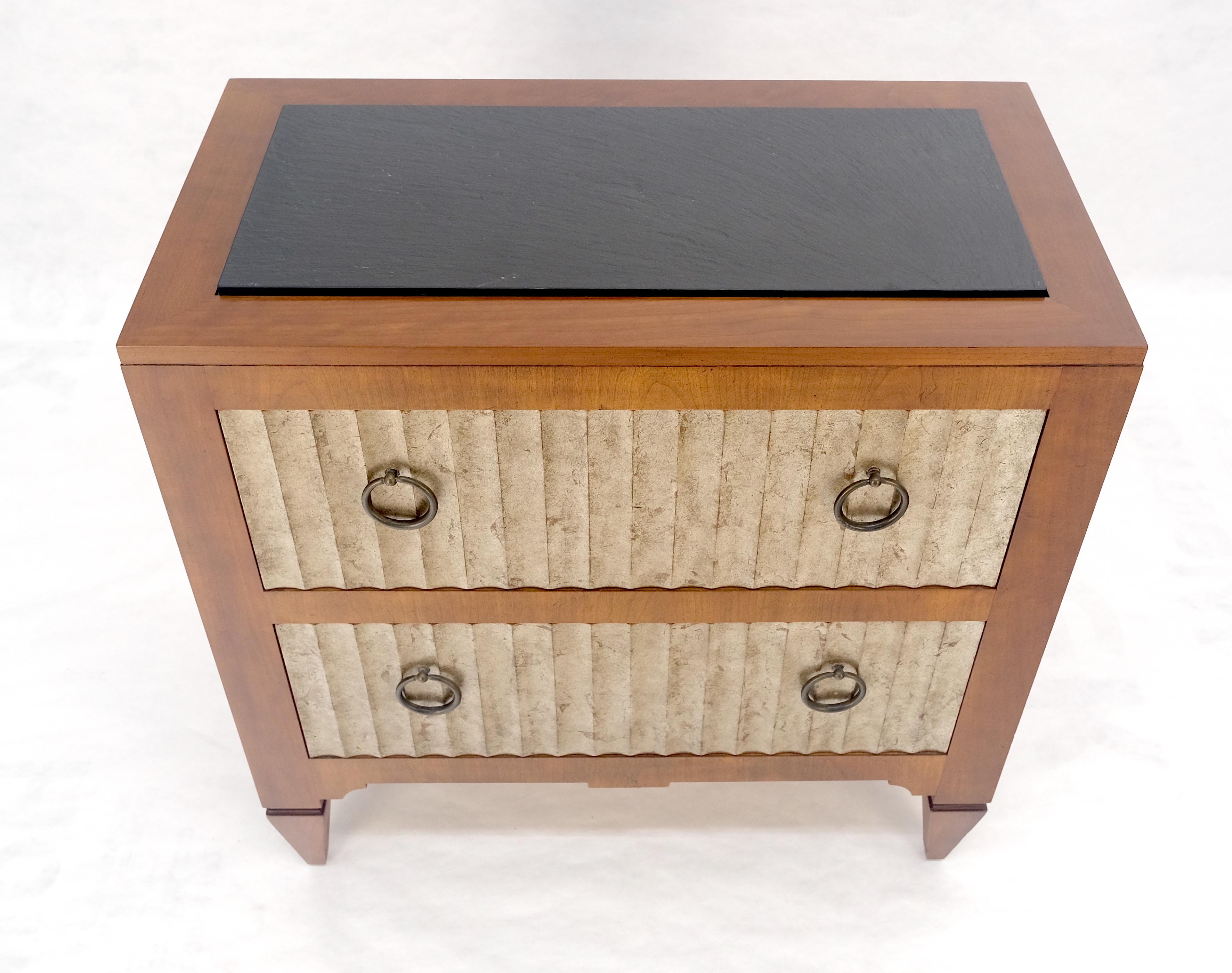 Lacquered Baker Slate Top Silver Leaf Scallop Front Two Drawers Night Stand End Table MINT For Sale