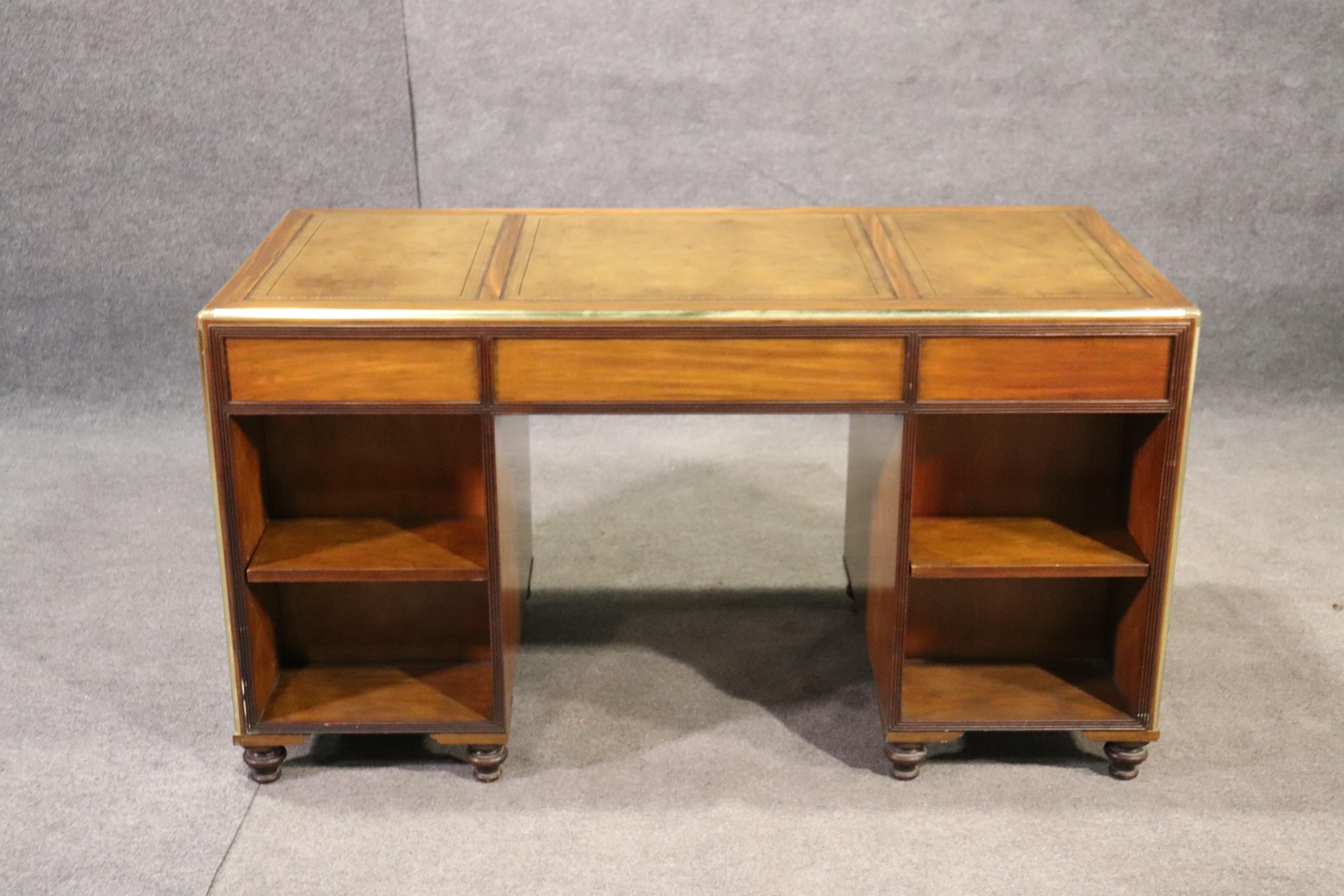 Mid-20th Century Baker Sold Walnut Brass Bound Executive Campaign Style Desk with Leather Top