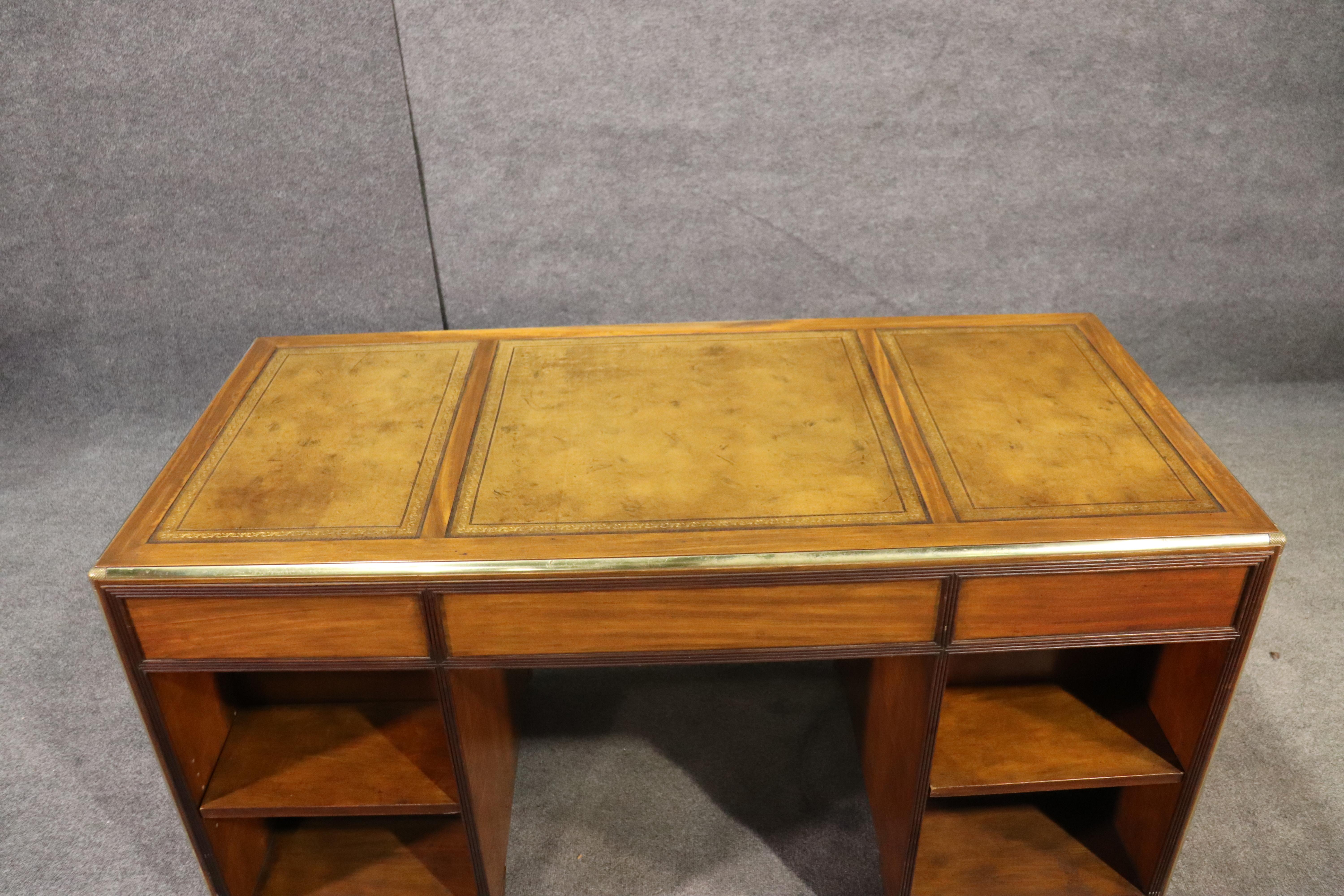 Baker Sold Walnut Brass Bound Executive Campaign Style Desk with Leather Top 1