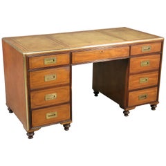 Baker Sold Walnut Brass Bound Executive Campaign Style Desk with Leather Top