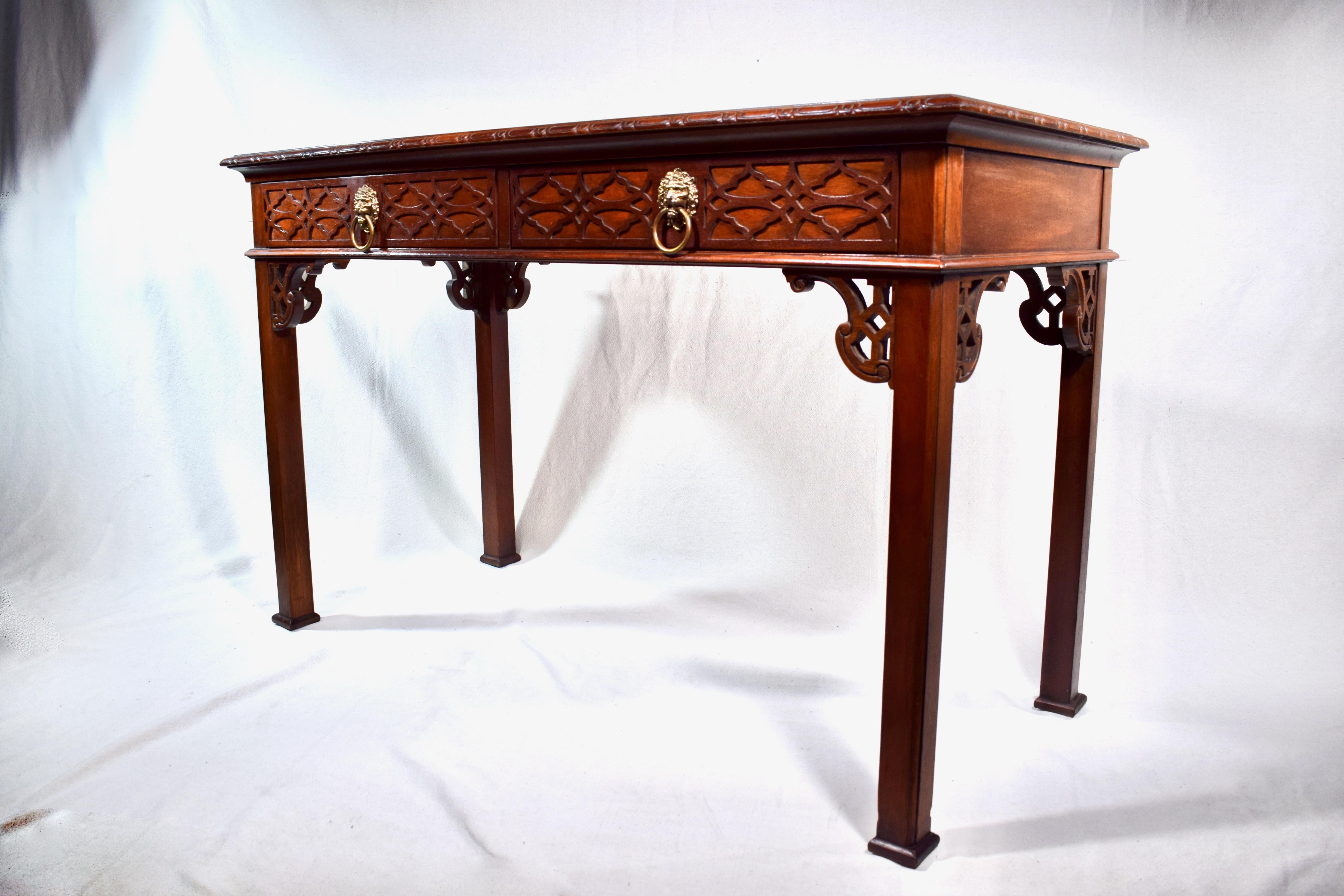 American Baker Solid Mahogany Chinese Chippendale Writing Desk Table
