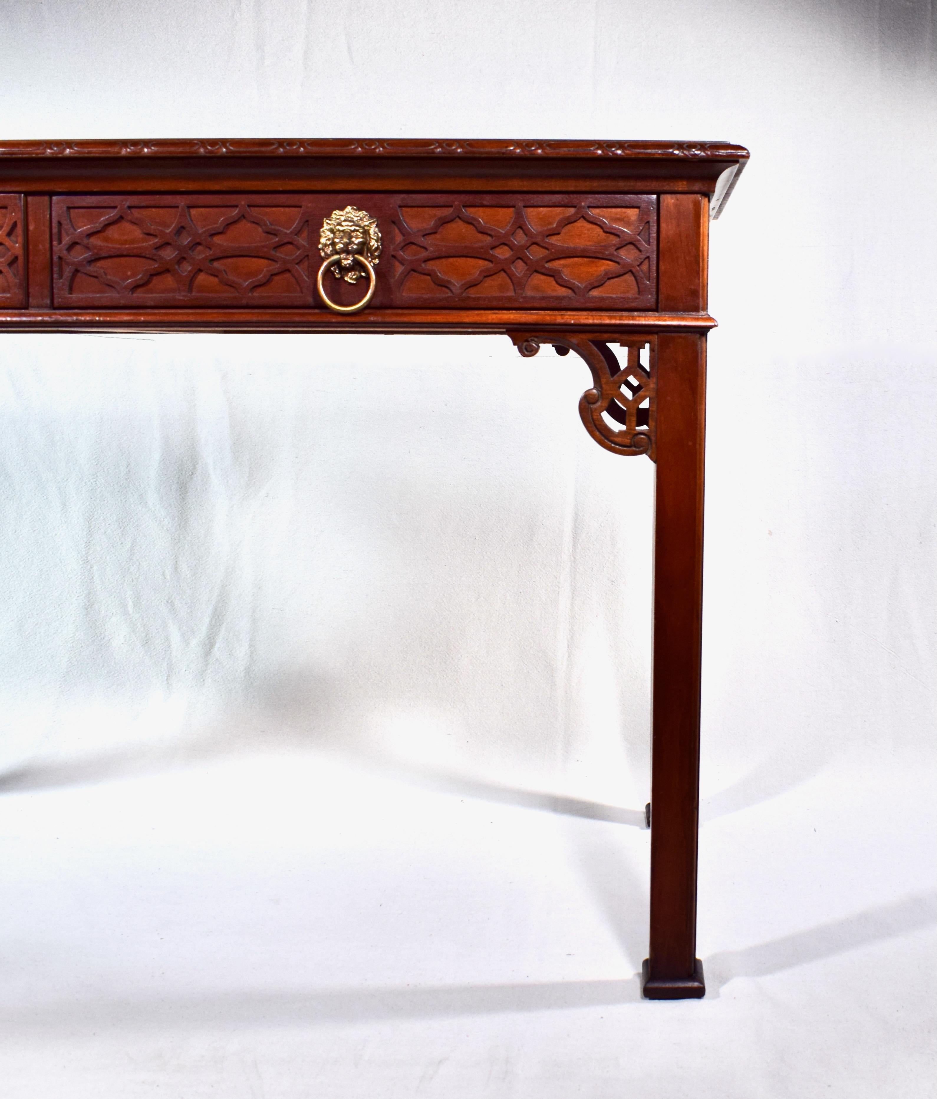 Brass Baker Solid Mahogany Chinese Chippendale Writing Desk Table