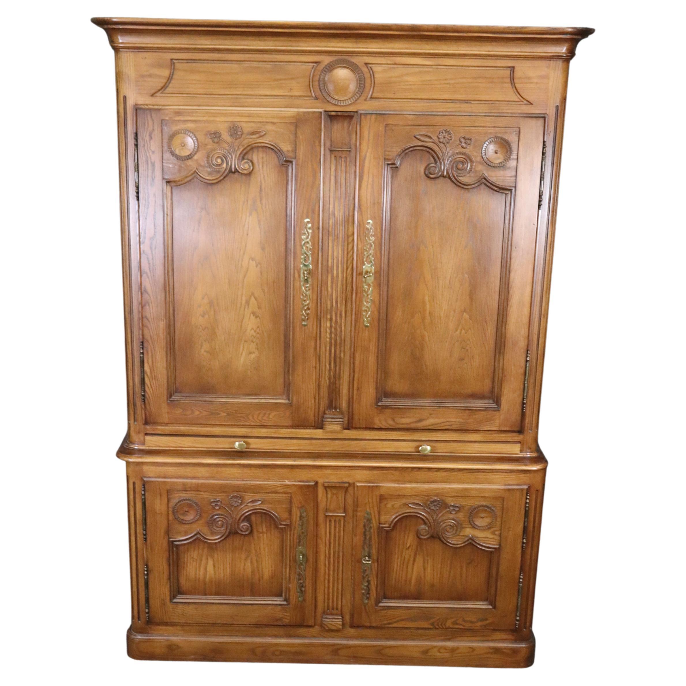 Baker Solid Oak Country French Breakfront China Cabinet with Desk Lighted